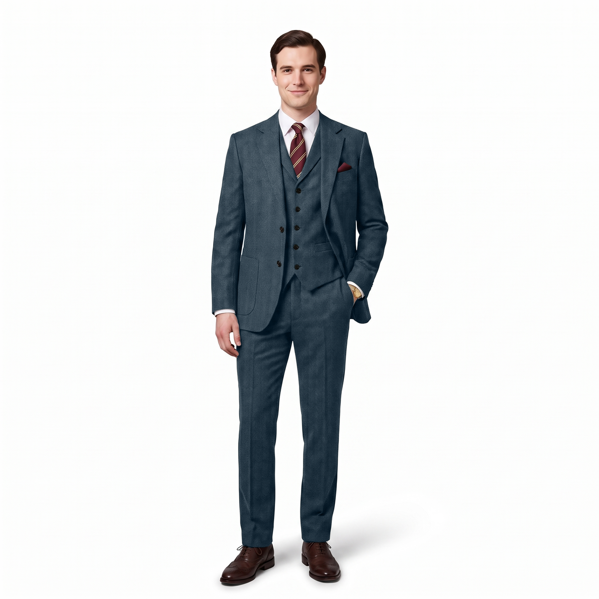 Aesido 3 Pieces Herringbone Notch Lapel Men's Suit (Blazer+Vest+Pants)