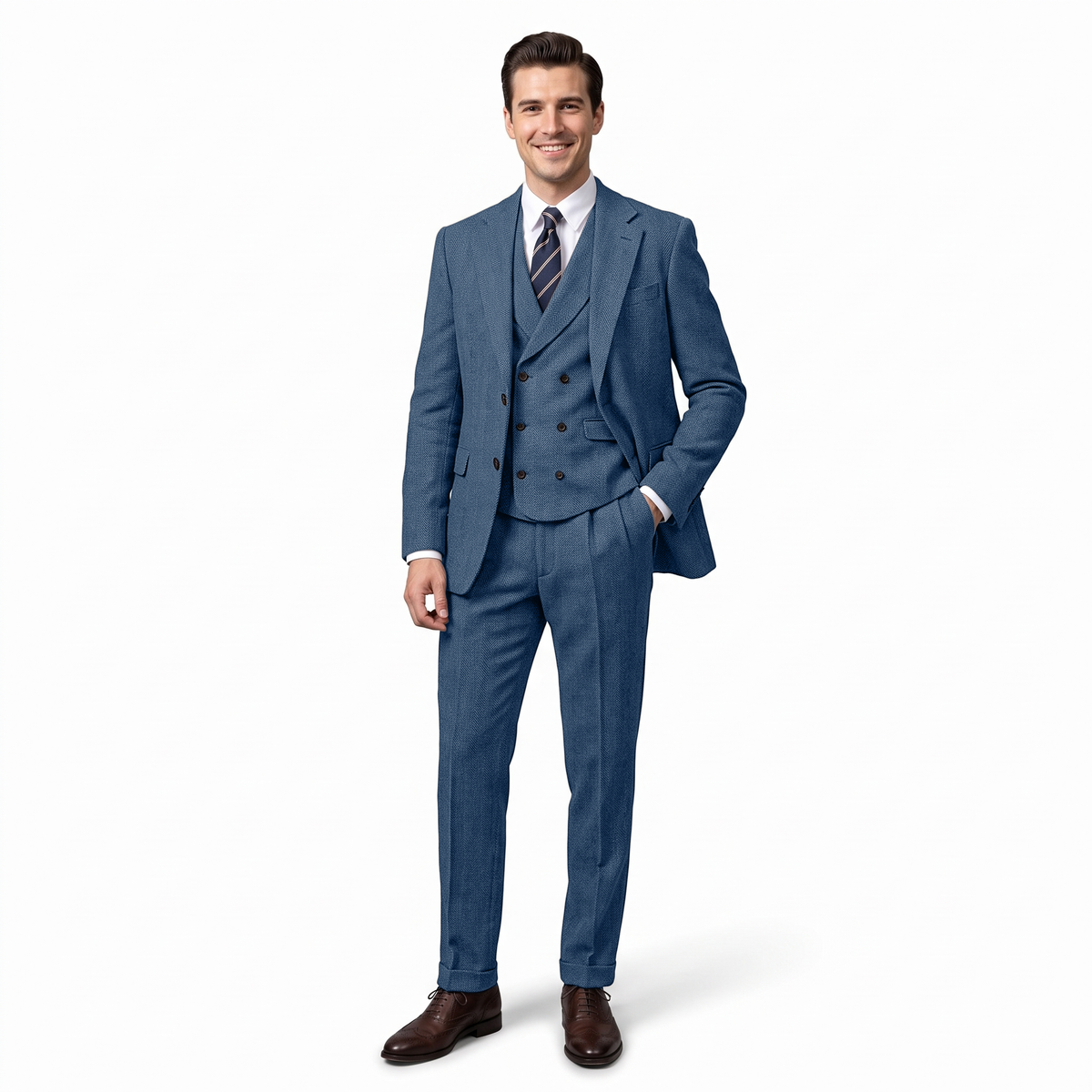 Aesido Men's Suit 3 Pieces Herringbone Notch Lapel Suit（Blazer+Vest+Pants）