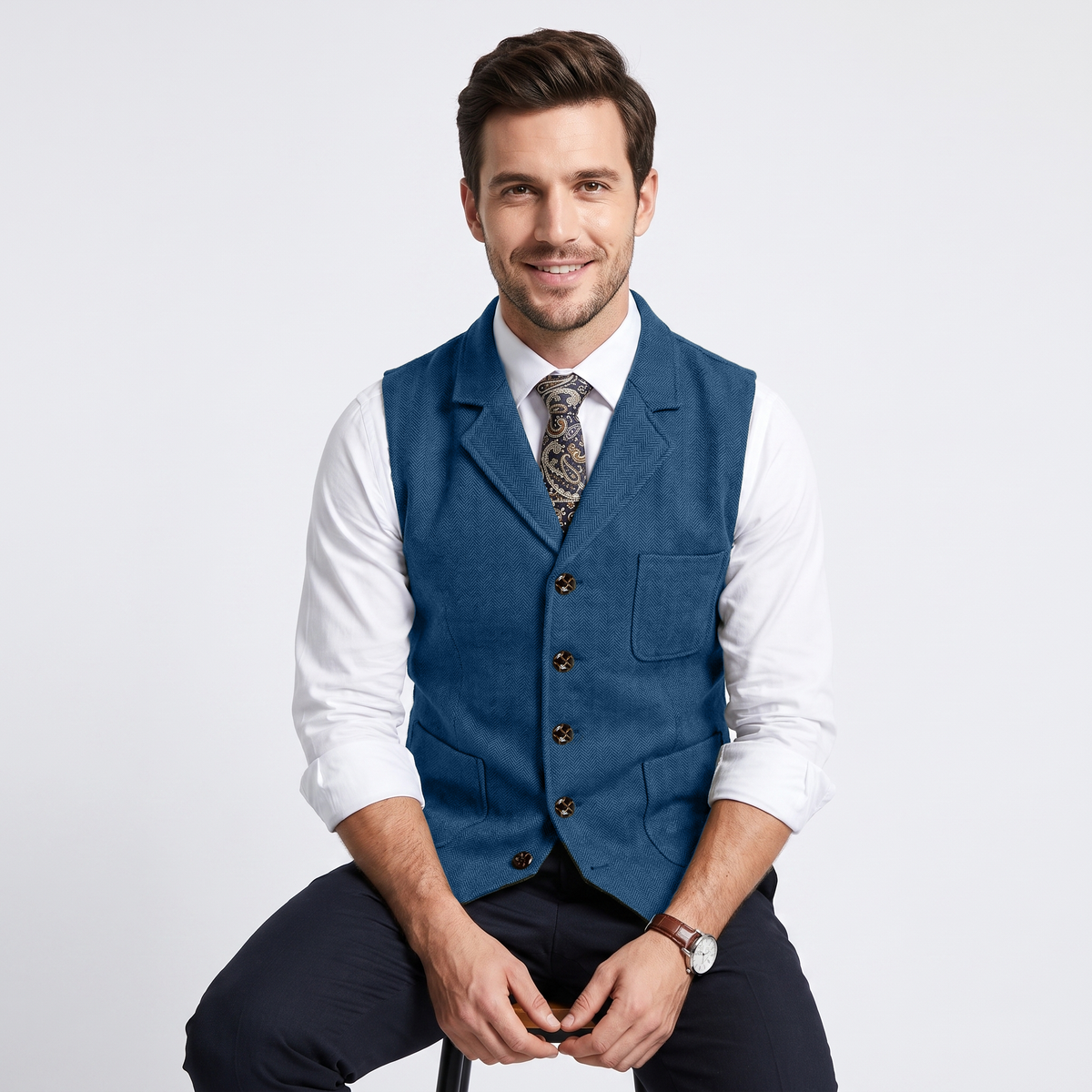 Aesido Formal Men's Vest Herringbone Notch Lapel Waistcoat