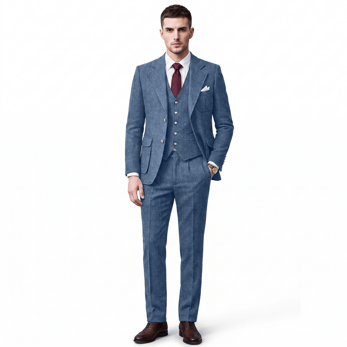 Aesido 3 Pieces Classic Herringbone Notch Lapel Suits (Blazer+Vest+Pants)