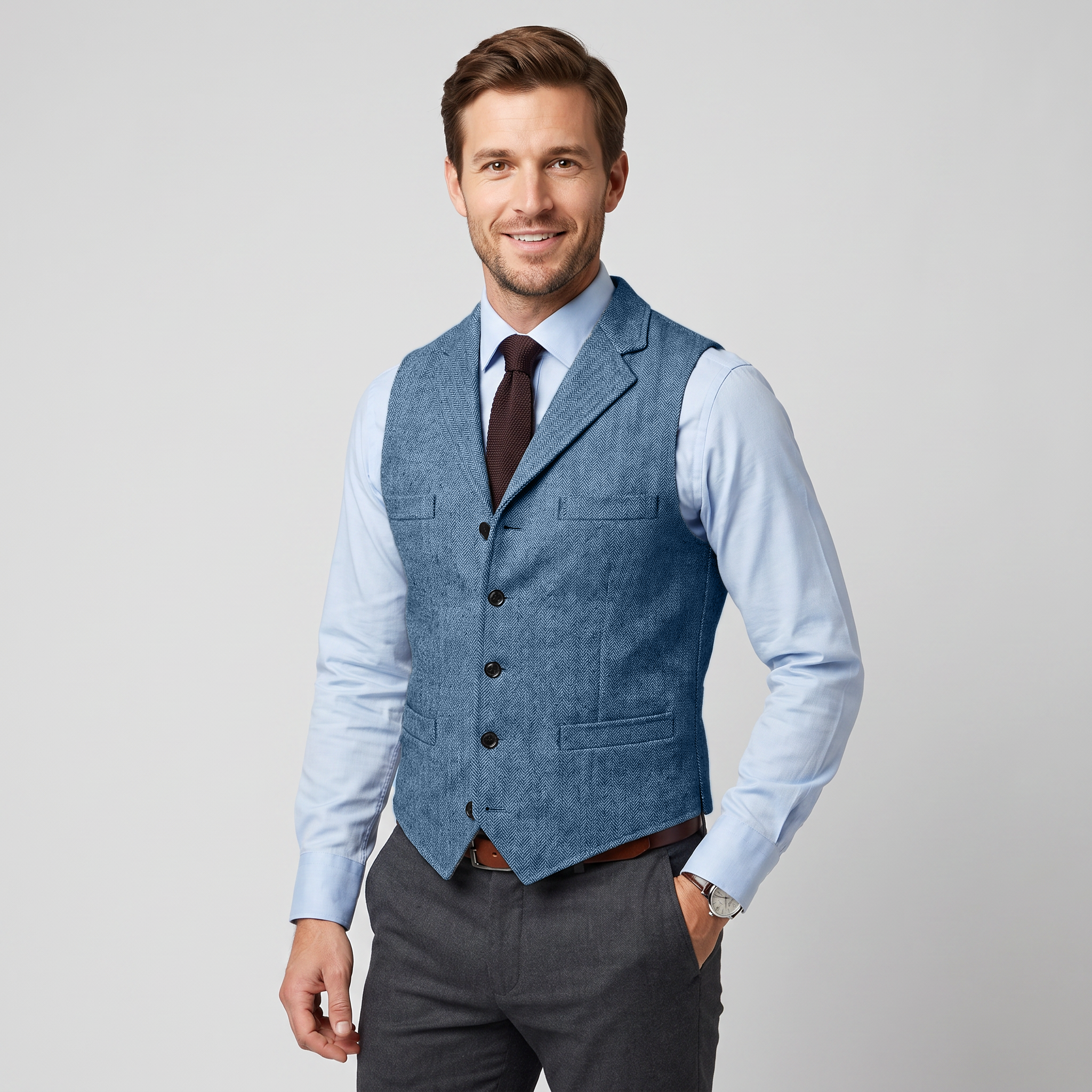 Aesido Business Men's Herringbone Notch Lapel Waistcoat