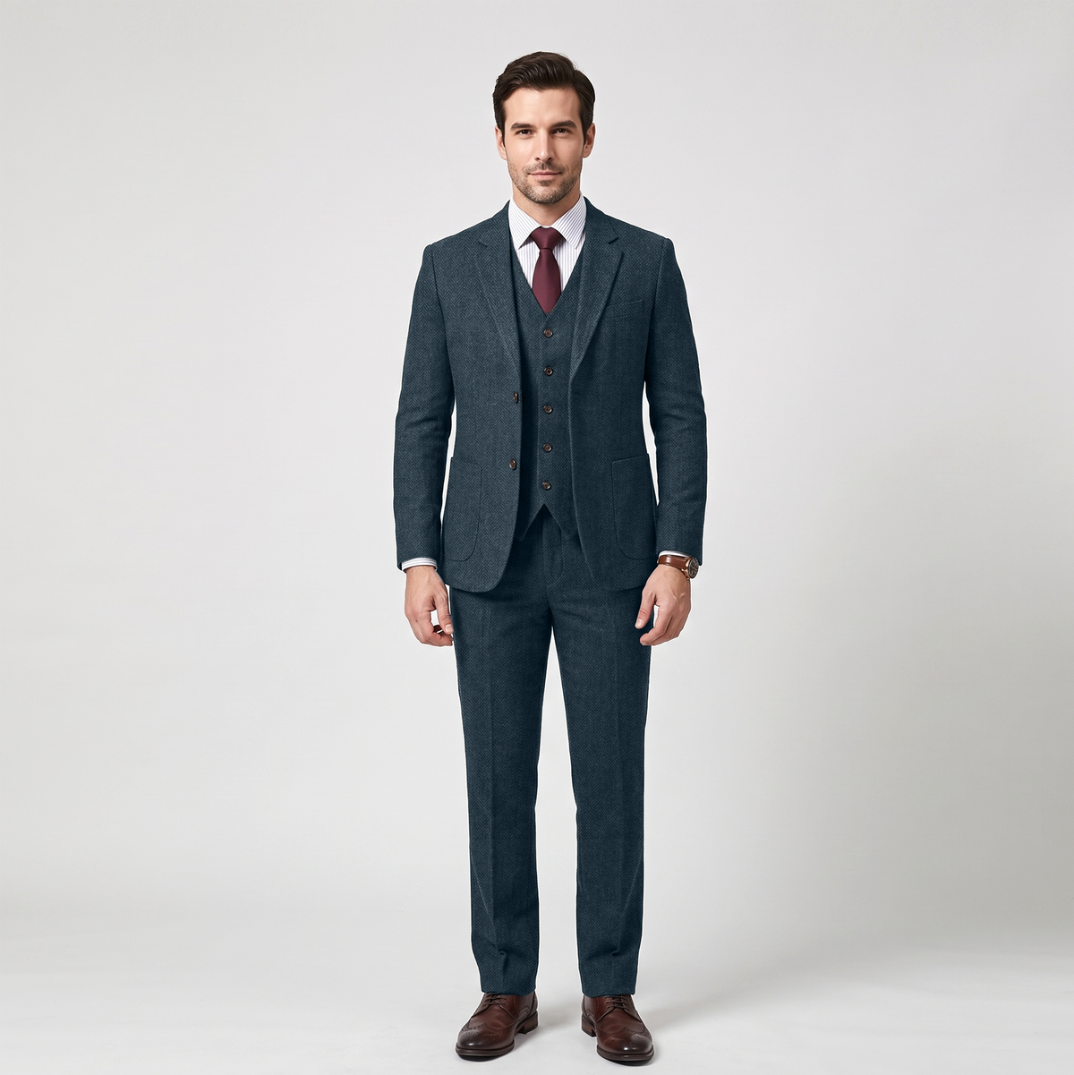 Aesido 3 Pieces Business Herringbone Notch Lapel Men's Suit（Blazer+Vest+Pants）