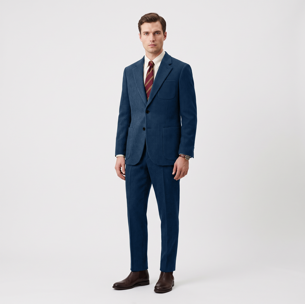 Aesido 2 Piece Double Button Notch Lapel Herringbone Tweed Men's Suit (Blazer+Pants)