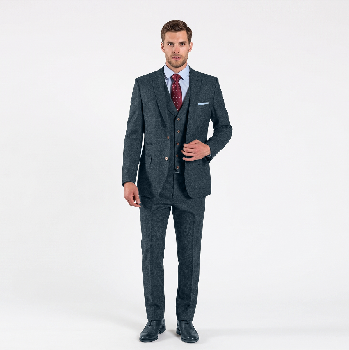 Aesido Men’s 3 Pieces Herringbone Tweed Notch Lapel Gent Suit (Blazer+Vest+Pants)
