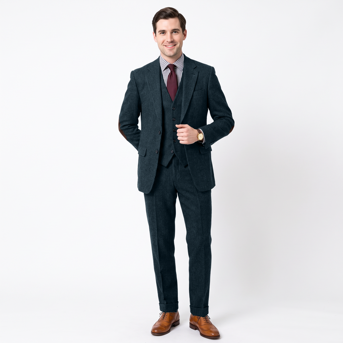Aesido Men's Business 3 Pieces Herringbone Notch Lapel Suit（Blazer+Vest+Pants）