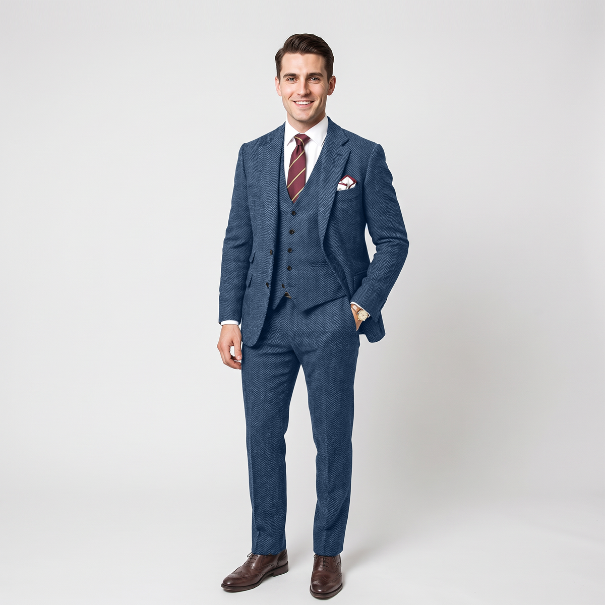 Aesido Vintage 3 Pieces Men's Suit Herringbone Notch Lapel Tuxedos (Blazer+vest+Pants)