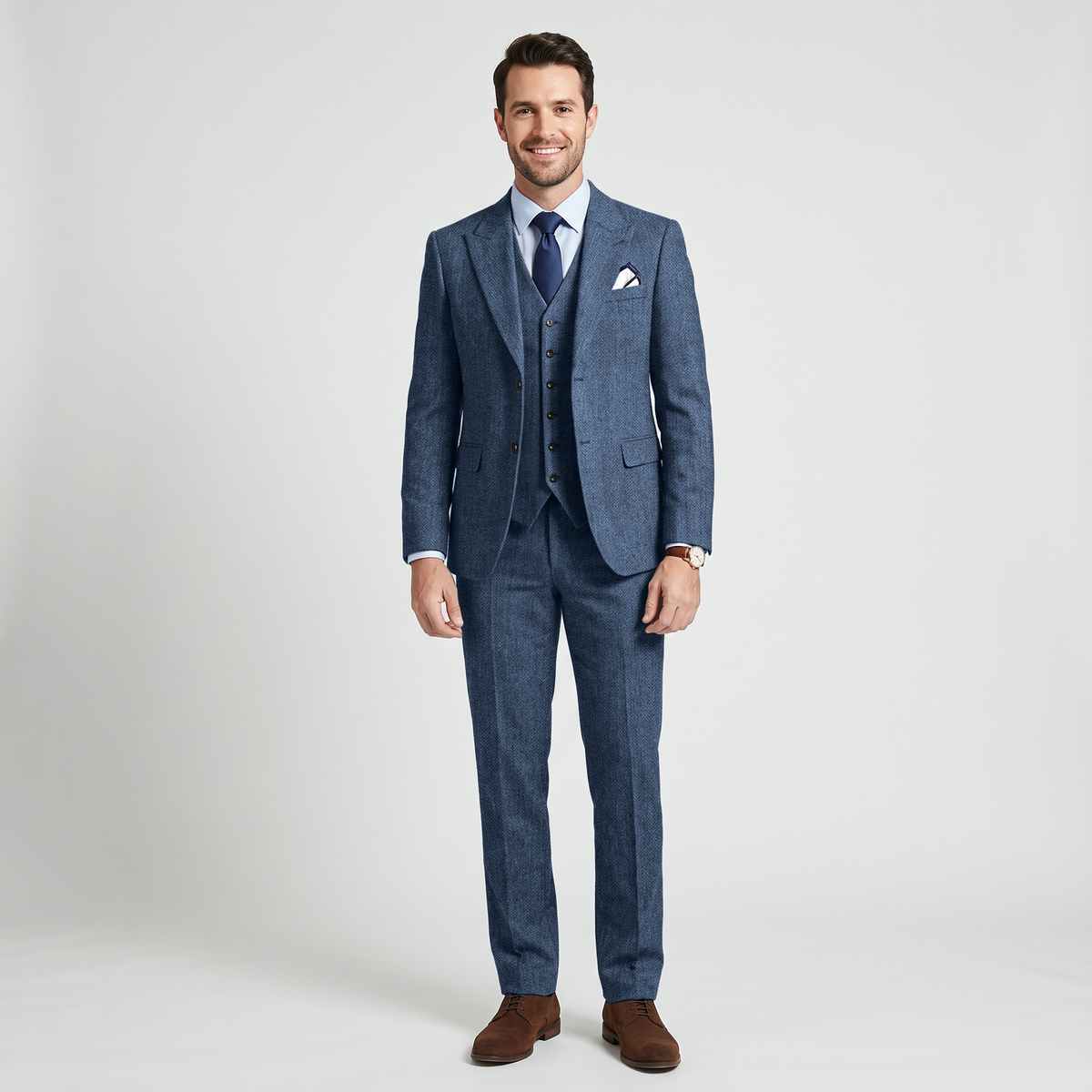 Aesido 3 Pieces Business Herringbone Peak Lapel Men's Suit (Blazer+Vest+Pants)