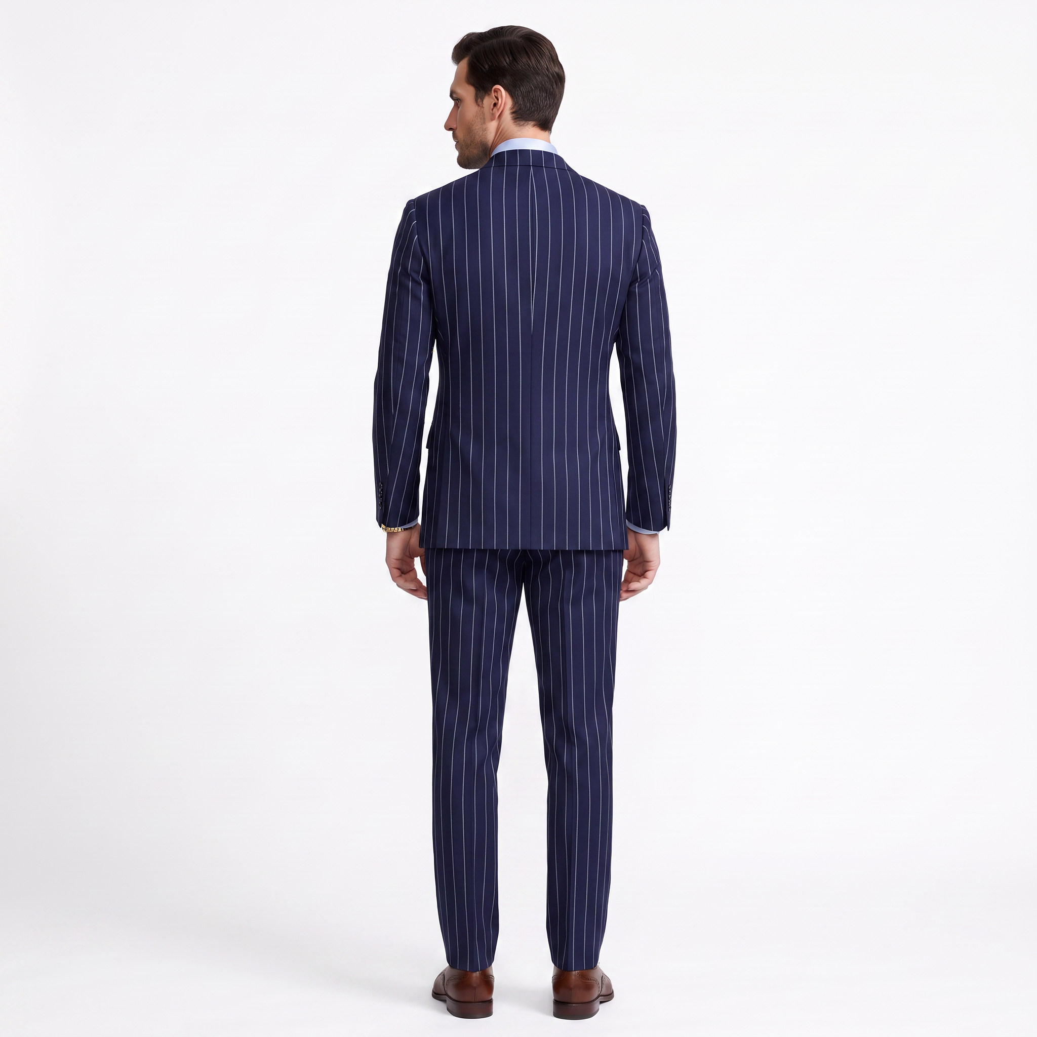 Aesido 2 Pieces Navy Striped Double Breasted Business Slim Peak Lapel Men's Suits  (Blazer+Pants)