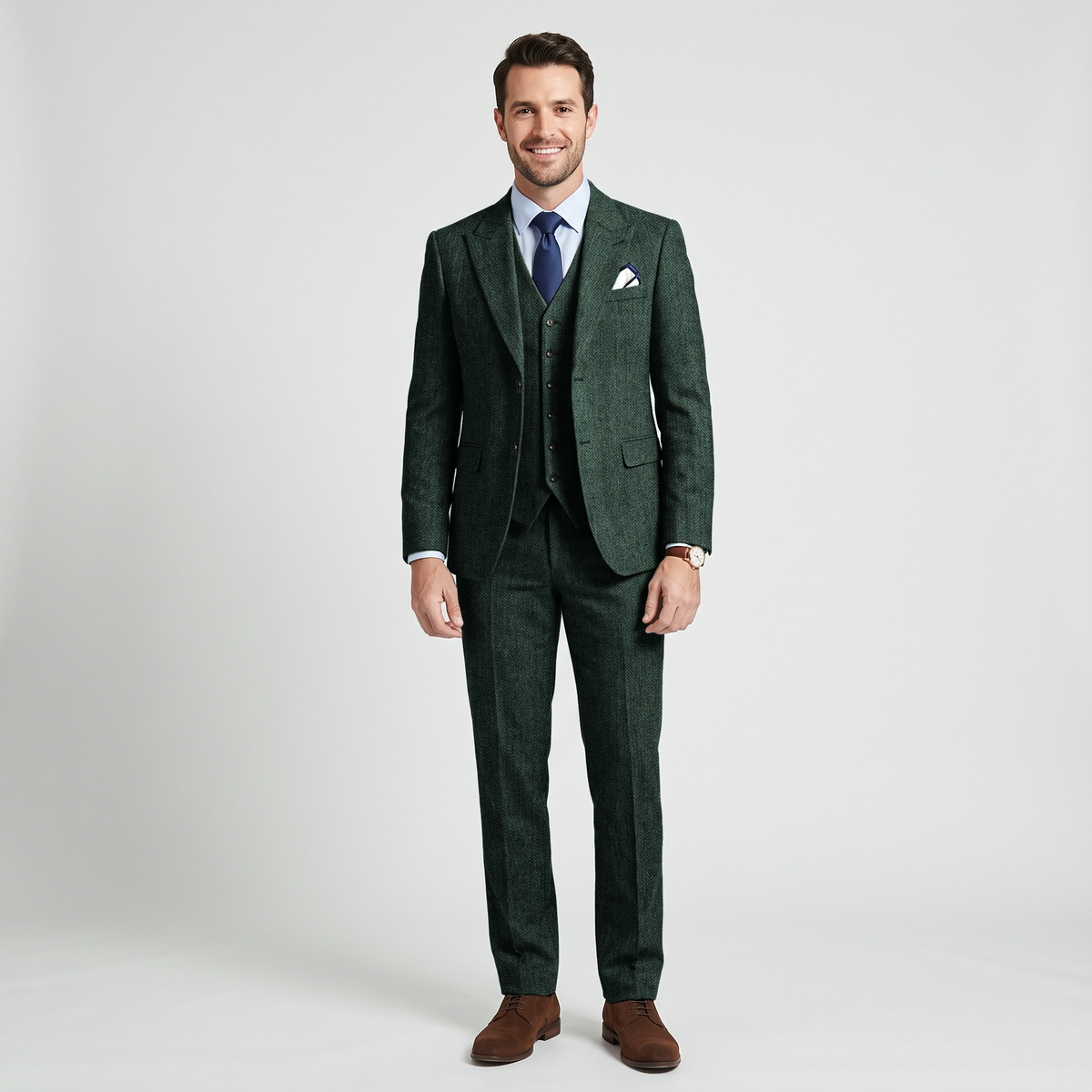 Aesido 3 Pieces Business Herringbone Peak Lapel Men's Suit (Blazer+Vest+Pants)