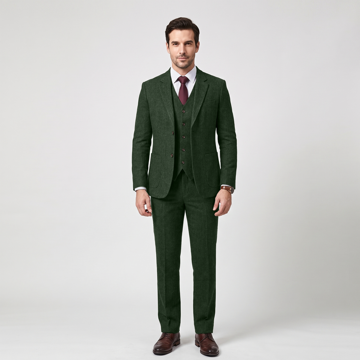 Aesido 3 Pieces Business Herringbone Notch Lapel Men's Suit（Blazer+Vest+Pants）