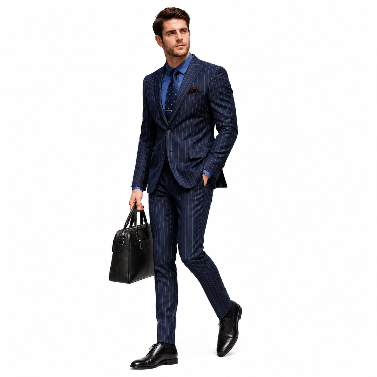 aesido 2 Piece Navy Blue Striped Double Button Slim Fit Men's Suit