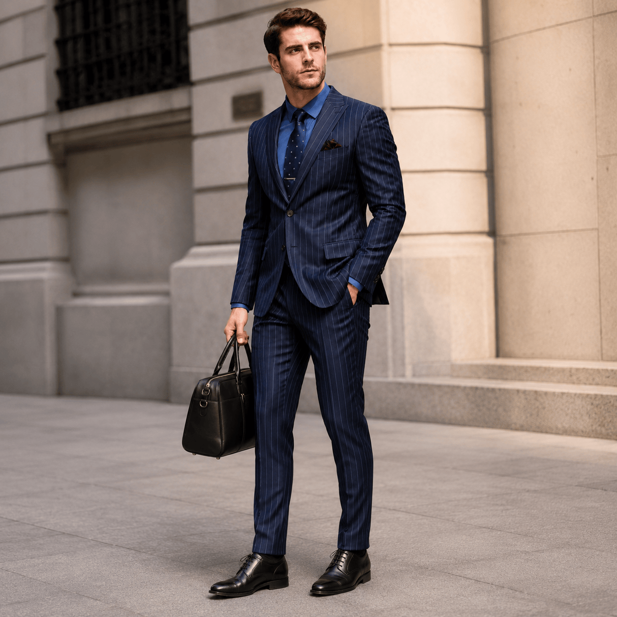 2 Piece Navy Blue Striped Double Button Slim Fit Men's Suit Navy / 44R