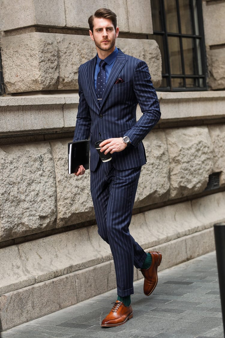 aesido 2 Piece Navy Blue Striped Double Button Slim Fit Men's Suit