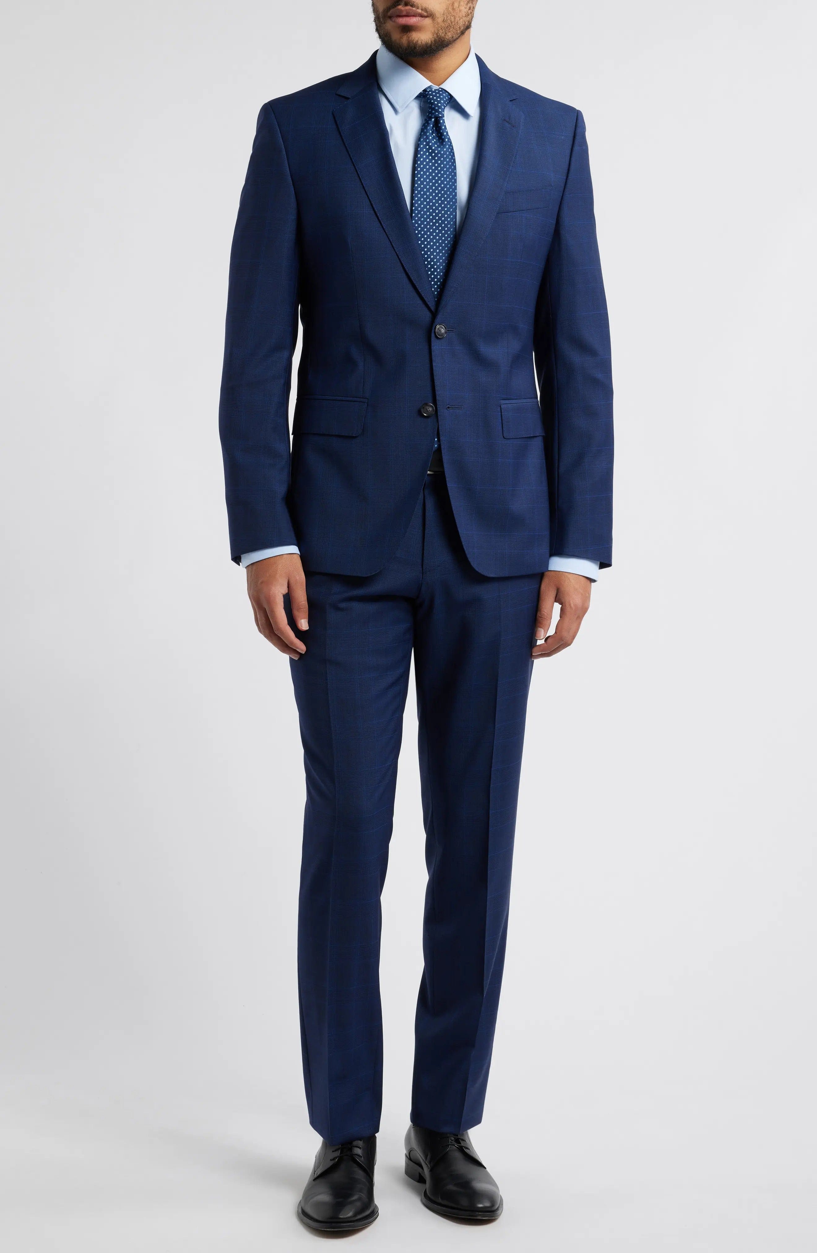aesido 2 Piece Navy Plaid Double Button Business Casual Slim Fit Men Suit