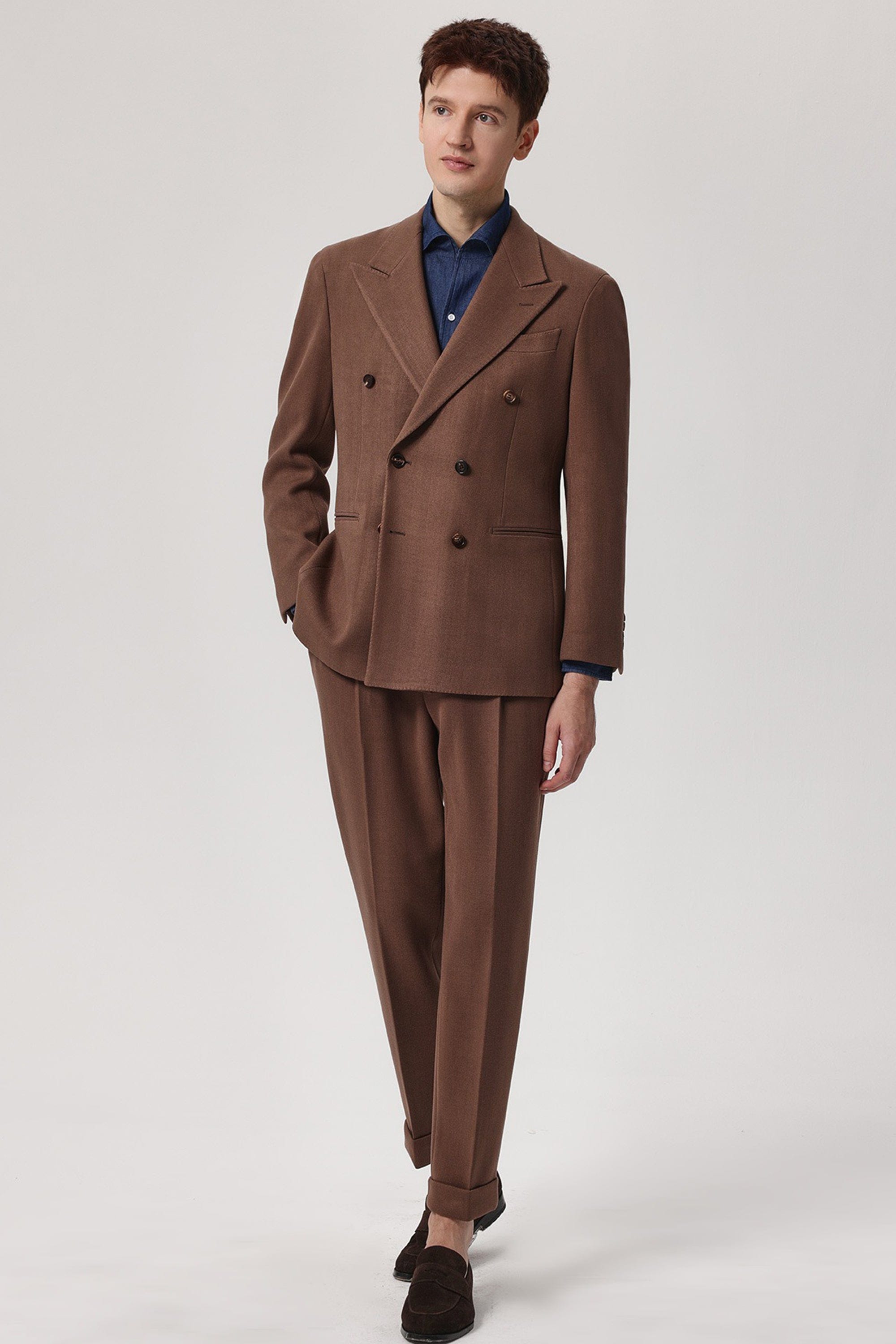 aesido 2 Piece Winter Thickened Brushed Herringbone Double Breasted Business Casual Men's Suit