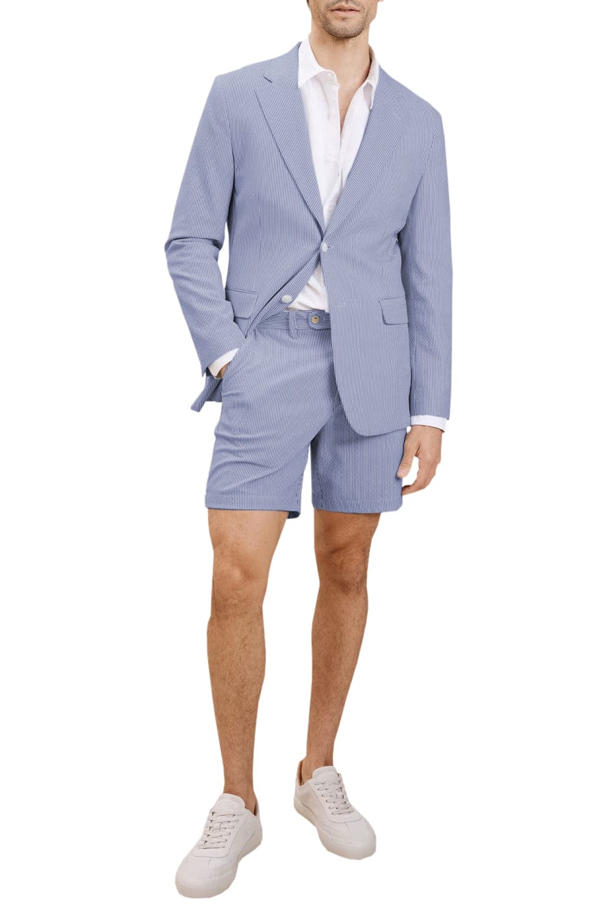 Aesido Light Blue Seersucker 2-Piece Men’s Summer Suit (Blazer + Shorts) Blue / 36R
