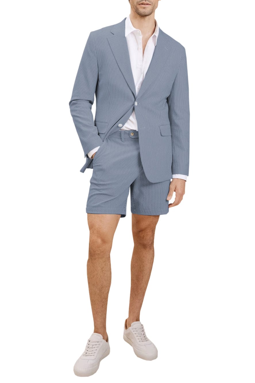 Aesido Light Blue Seersucker 2-Piece Mens Summer Suit (Blazer + Shorts) Navy Blue / 38R Aesido Light Blue Seersucker 2-Piece Mens Summer Suit (Blazer + Shorts) Navy Blue / 38R