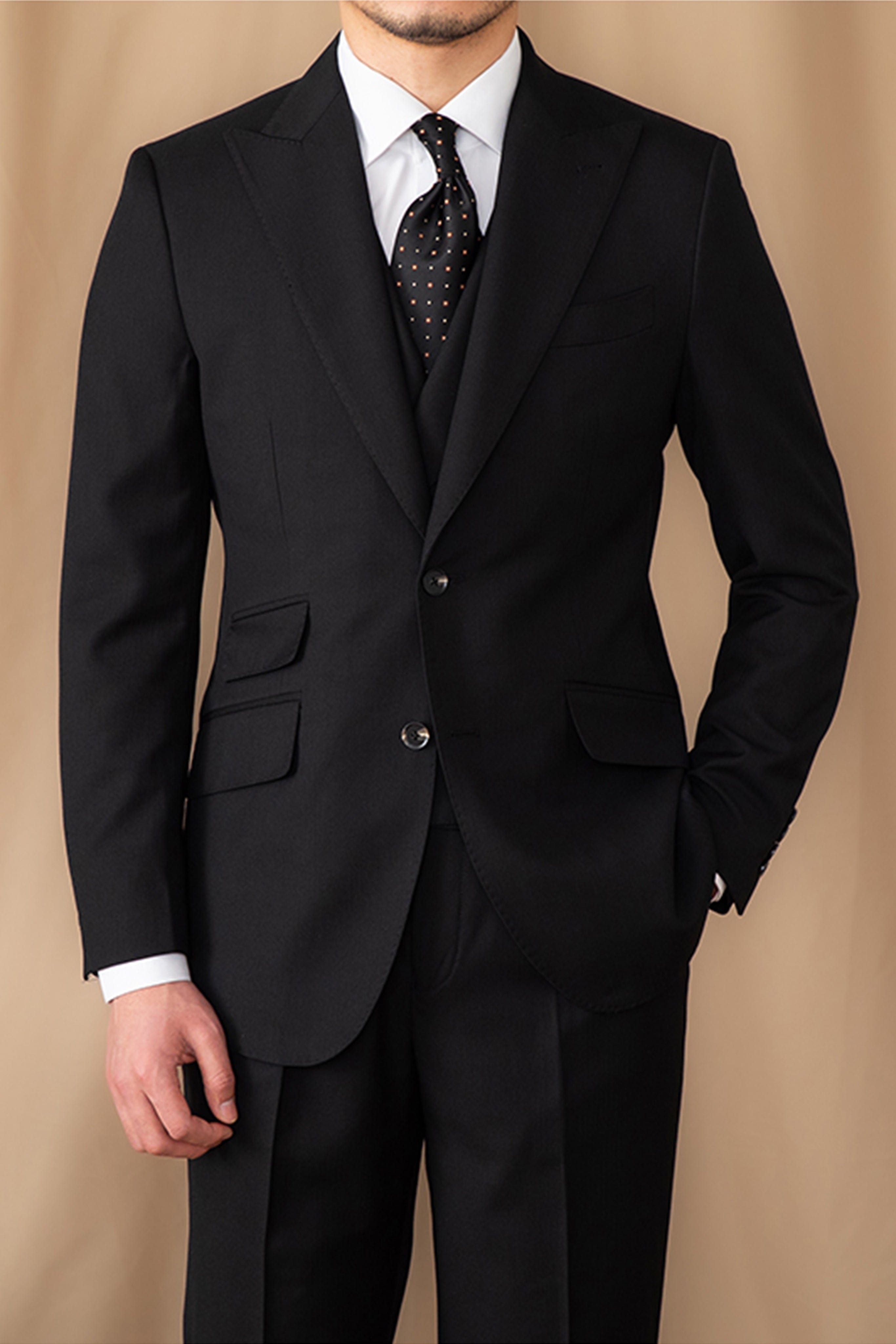 aesido 3 Piece Black Business Casual Peak Lapel Double Vented Men's Suit (Blazer+Vest+Pants)