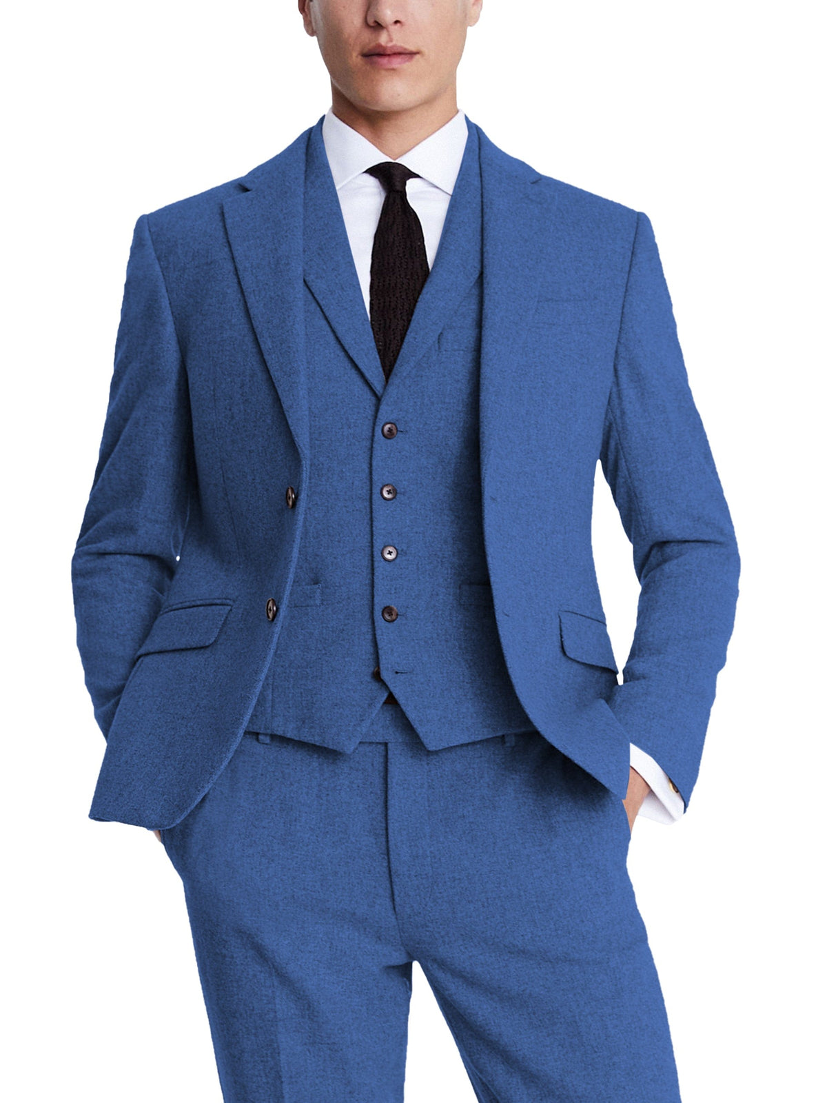 Mens Two Button Notch Label Tweed Plaid Suit Grey Blue