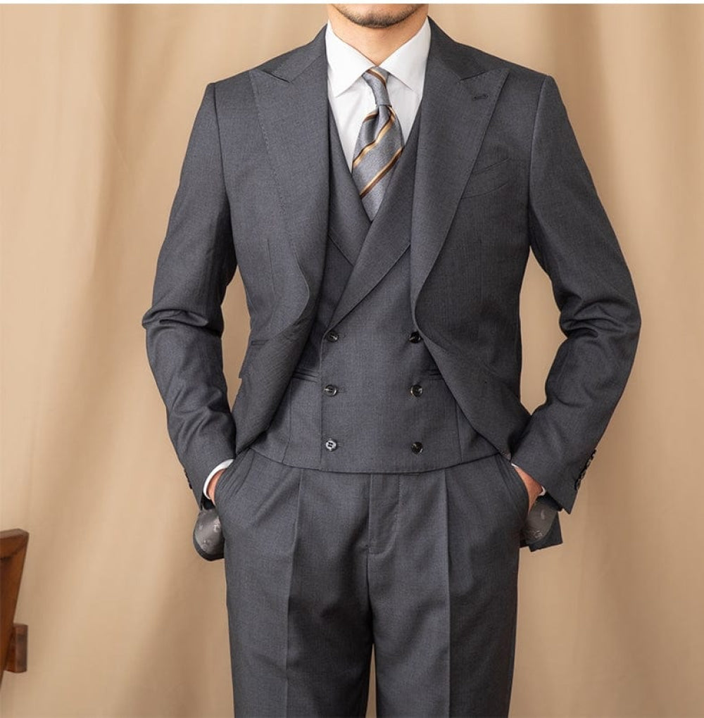 men's dress coat Aesido 3 Piece Grey Business Casual Peak Lapel Double Vented Men's Suit (Blazer+Vest+Pants) Grey / 44R