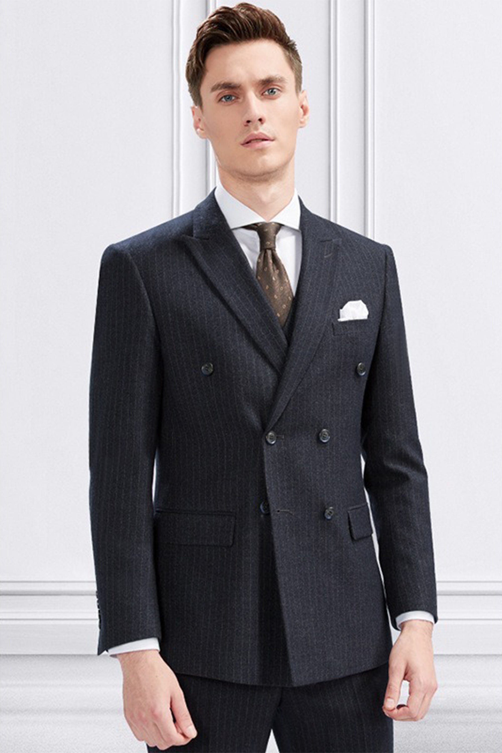 aesido 3 Piece Double Breasted Grey Striped Business Casual Slim Fit Men's Suit Groom Wedding Dress