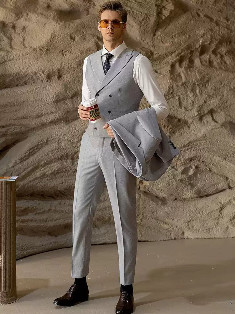 3 Piece Light Grey Luxury High-End Men's Suit Groom Wedding Slim Fit Business Suit Light Grey / 44R 3 Piece Light Grey Luxury High-End Men's Suit Groom Wedding Slim Fit Business Suit Light Grey / 44R