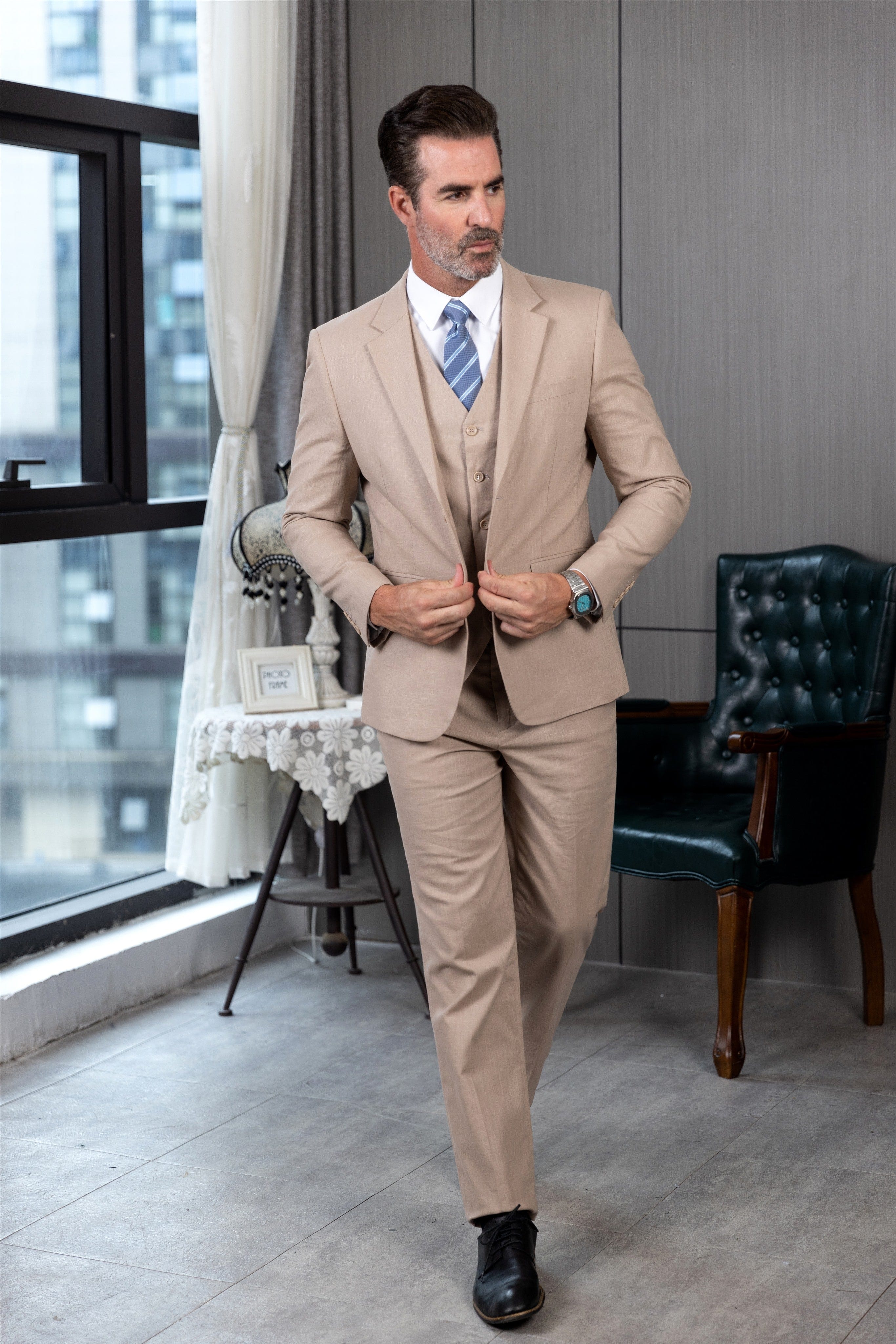 Aesido Linen 3 Piece Notch Lapel Men's Suit For Wedding (Blazer+Vest+P