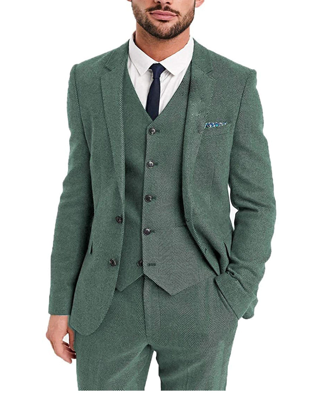 aesido 3 Pieces Mens Suit Herringbone Notch Lapel Blazer For Wedding (Blazer+vest+Pants)