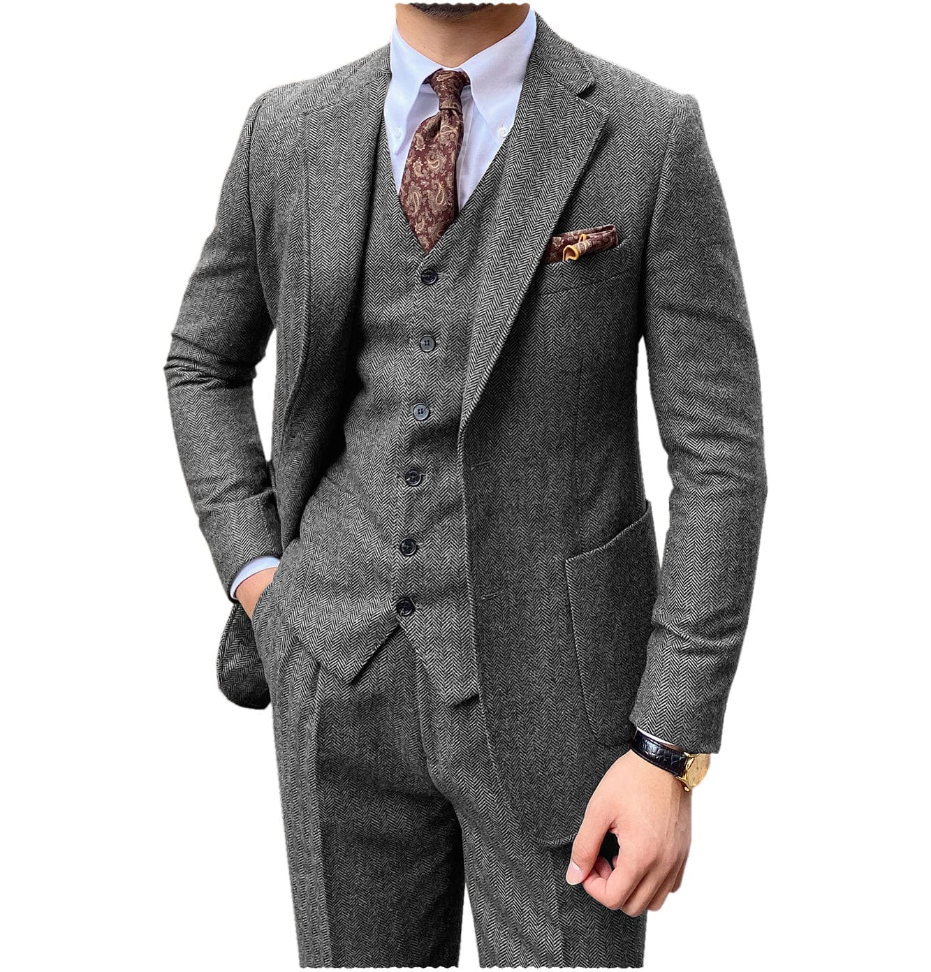 aesido 3 Pieces Peack Lapel Men Suit (Blazer+Vest+Pants)