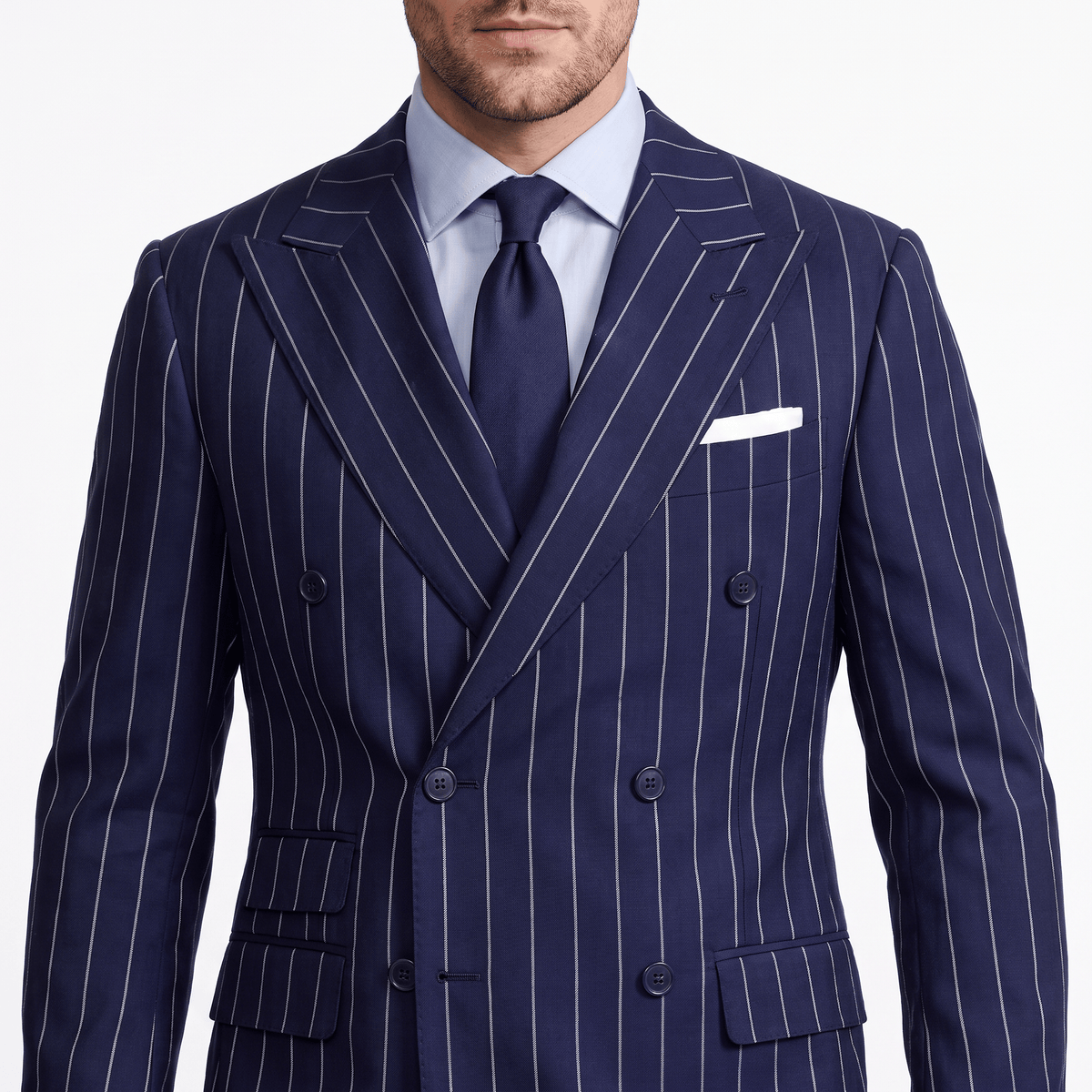 aesido Aesido 2 Pieces Navy Striped Double Breasted Business Slim Peak Lapel Men's Suits  (Blazer+Pants)