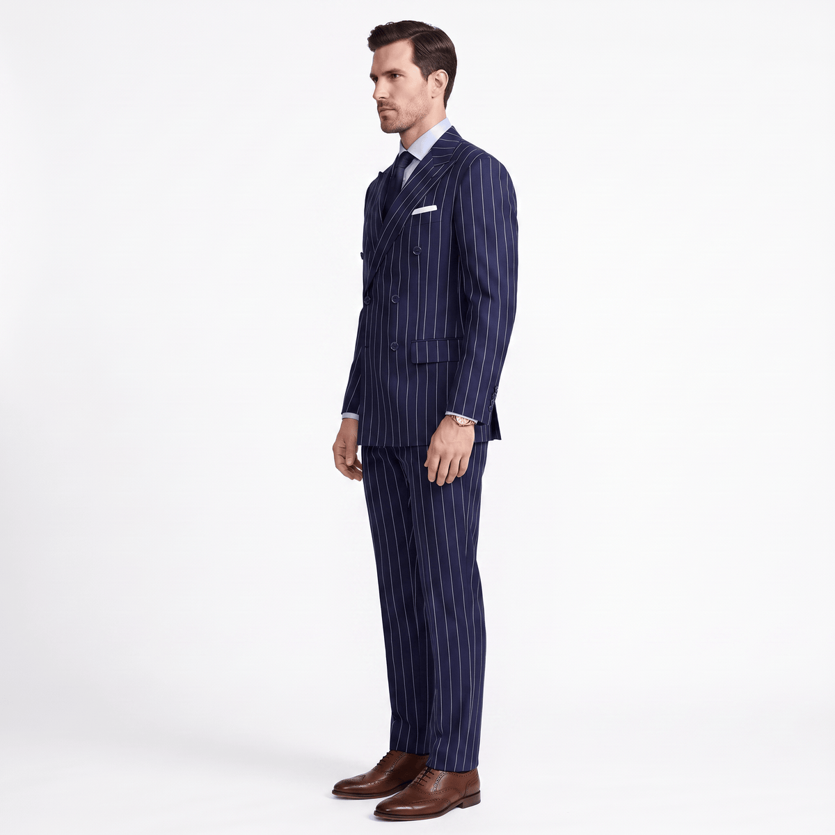 aesido Aesido 2 Pieces Navy Striped Double Breasted Business Slim Peak Lapel Men's Suits  (Blazer+Pants)