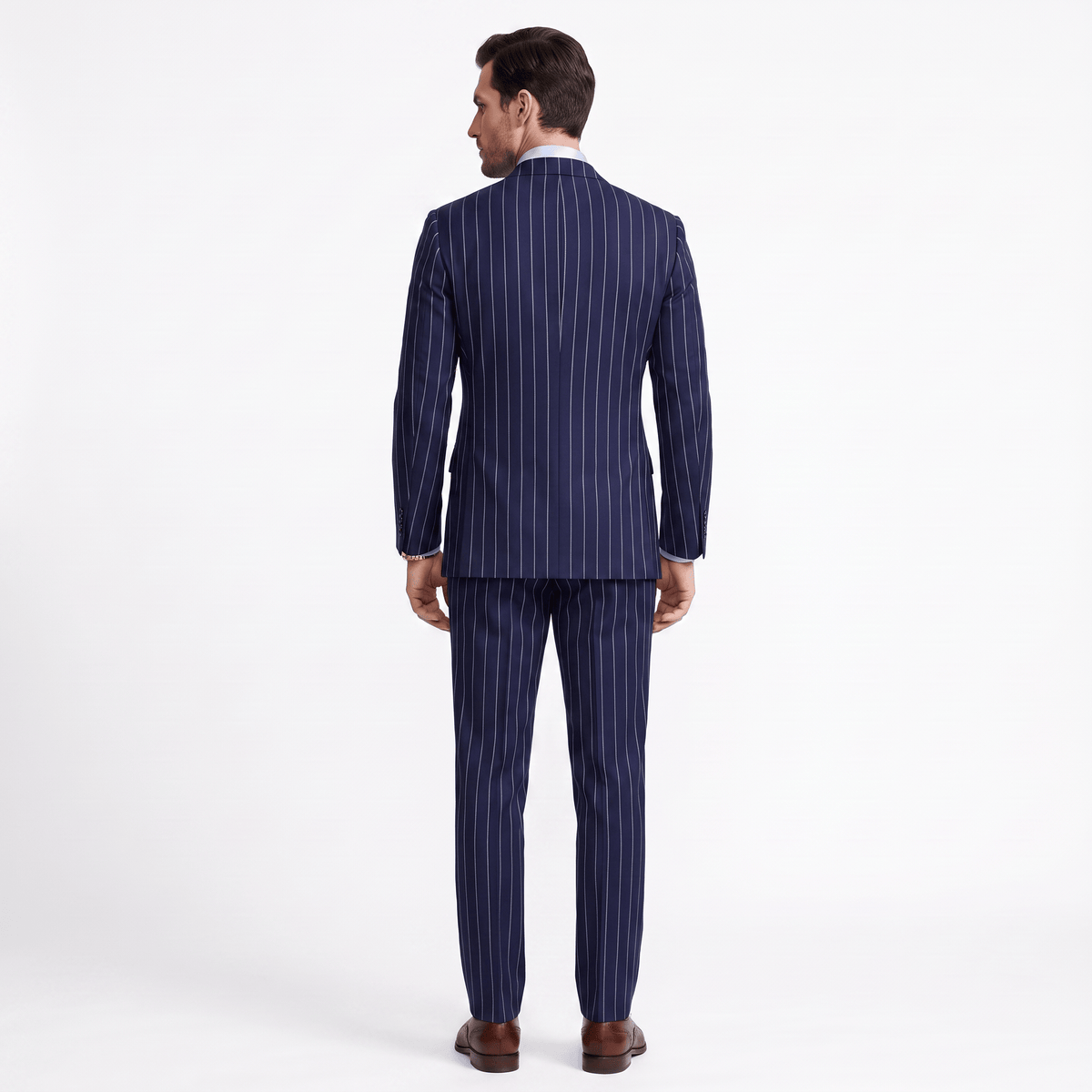 aesido Aesido 2 Pieces Navy Striped Double Breasted Business Slim Peak Lapel Men's Suits  (Blazer+Pants)