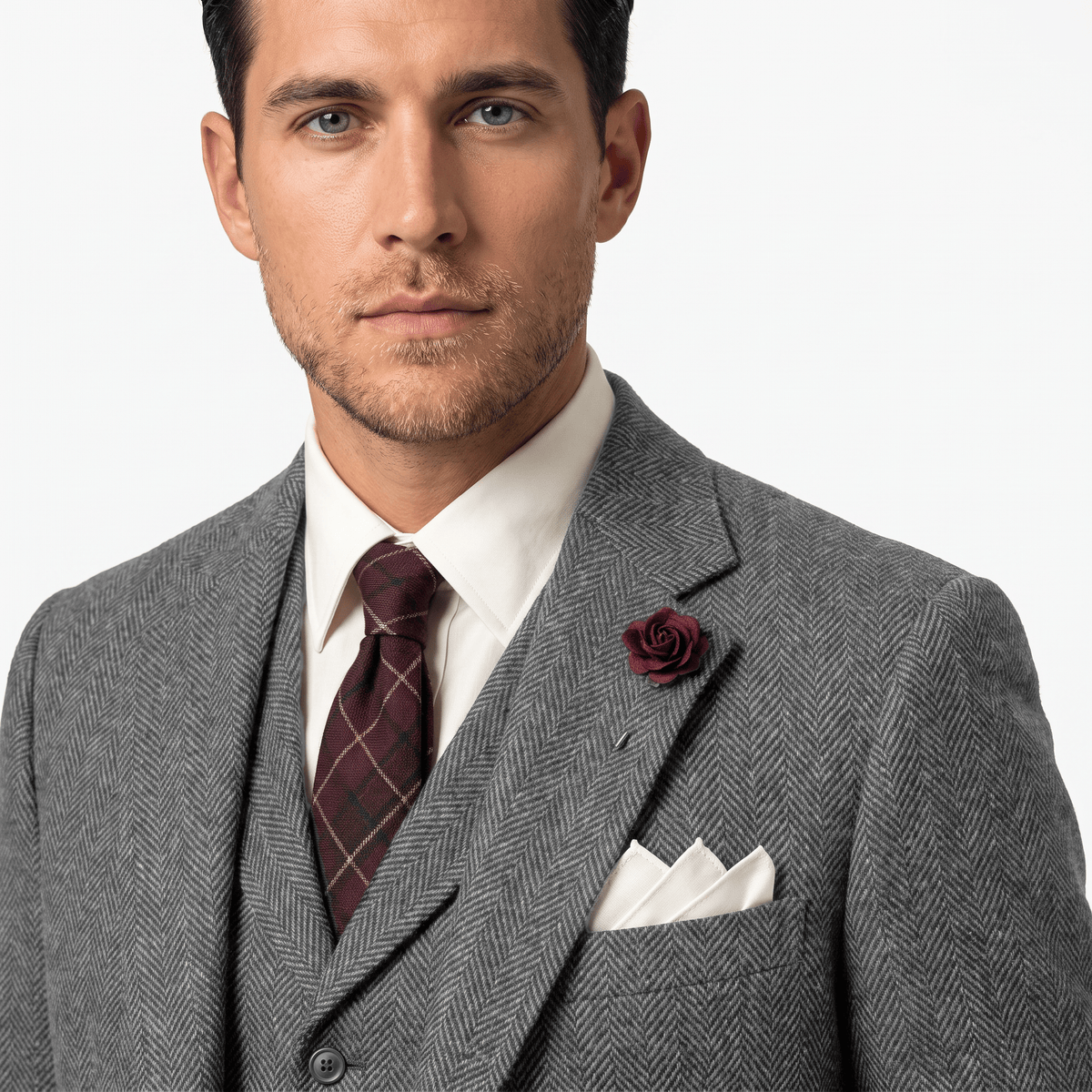 Aesido Aesido 3 Pieces Double Breasted Herringbone Slim Fit Notch Lapel Men's Suit（Blazer+Vest+Pants）