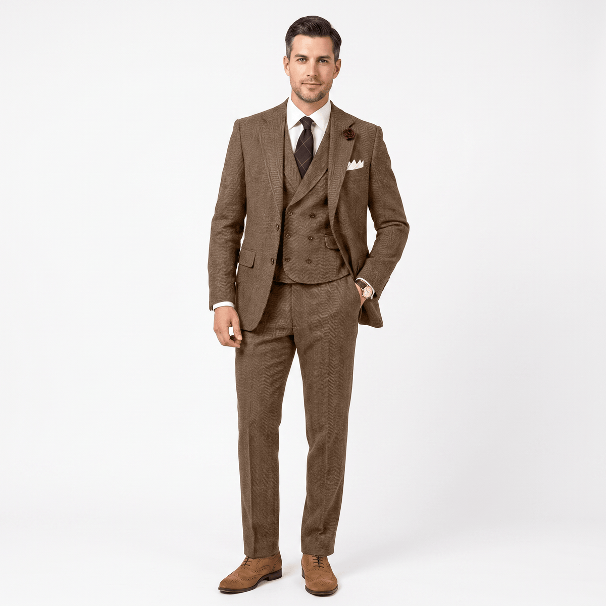 Aesido Aesido 3 Pieces Double Breasted Herringbone Slim Fit Notch Lapel Men's Suit（Blazer+Vest+Pants）