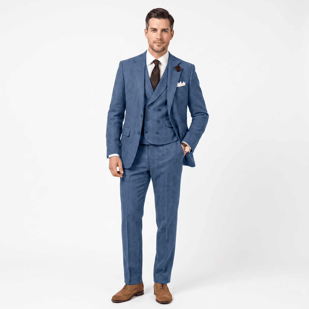 Aesido Aesido 3 Pieces Double Breasted Herringbone Slim Fit Notch Lapel Men's Suit（Blazer+Vest+Pants）