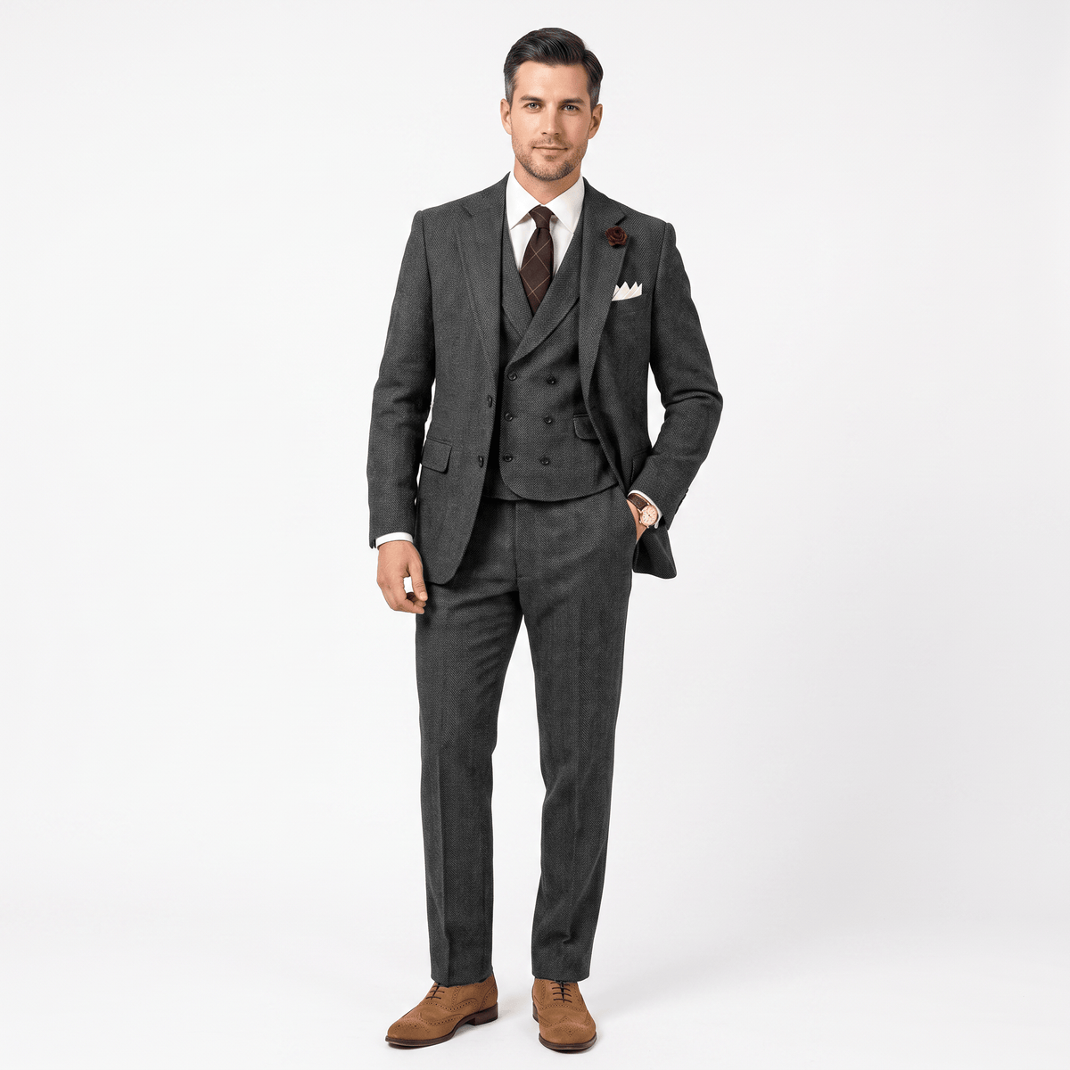 Aesido Aesido 3 Pieces Double Breasted Herringbone Slim Fit Notch Lapel Men's Suit（Blazer+Vest+Pants）