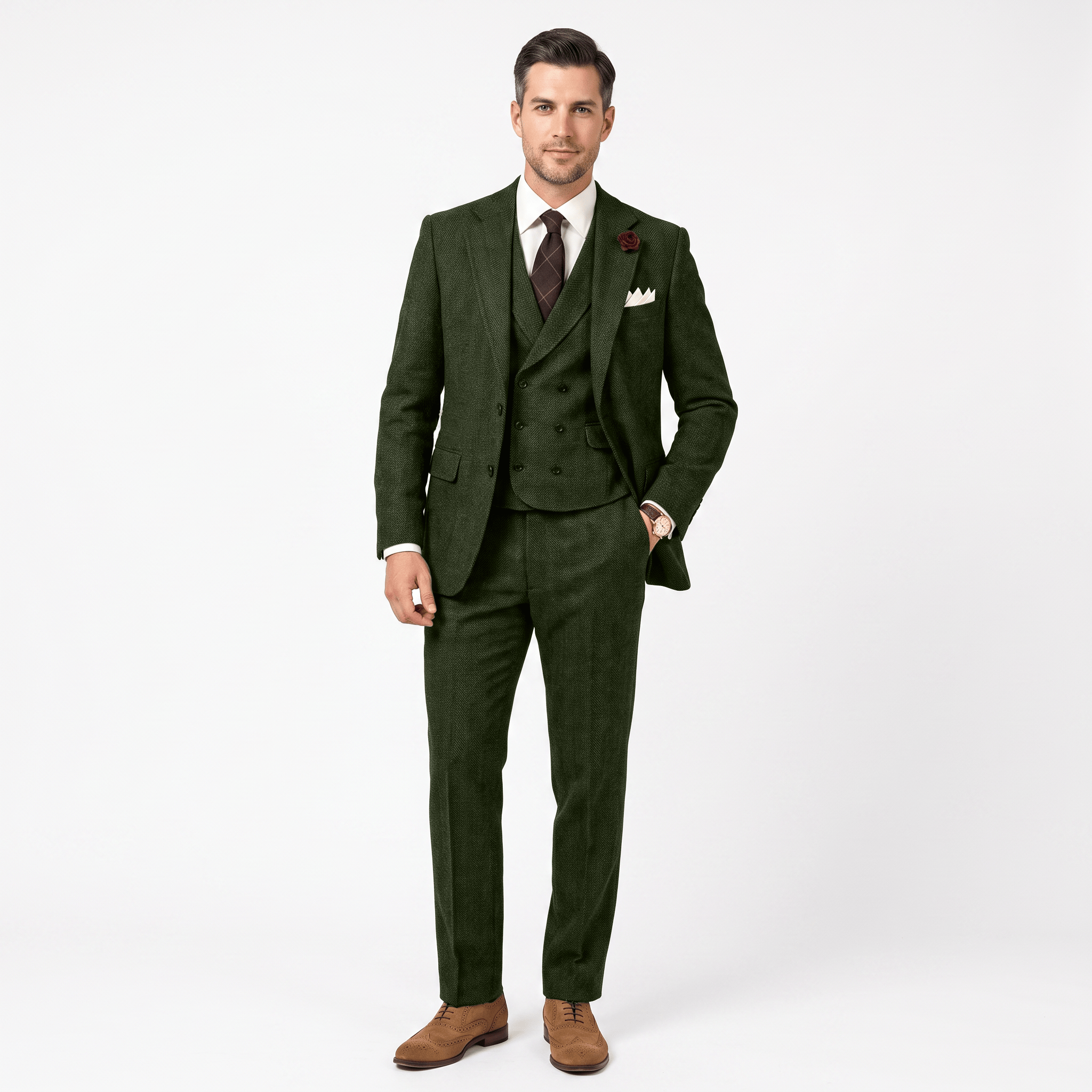 Aesido Aesido 3 Pieces Double Breasted Herringbone Slim Fit Notch Lapel Men's Suit（Blazer+Vest+Pants）