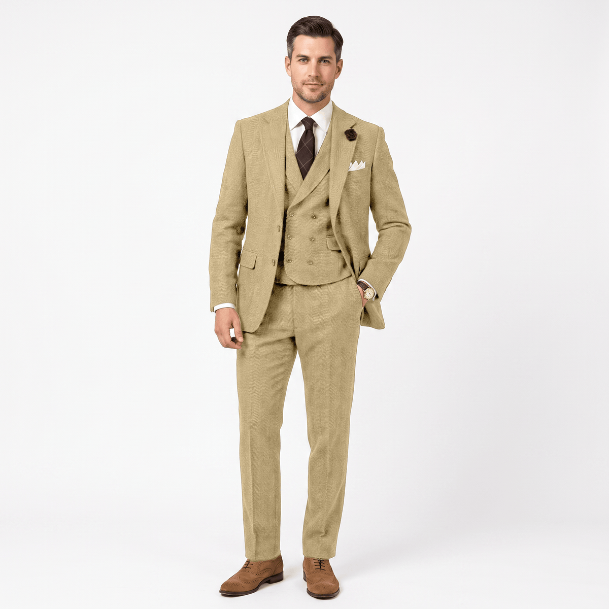 Aesido Aesido 3 Pieces Double Breasted Herringbone Slim Fit Notch Lapel Men's Suit（Blazer+Vest+Pants）