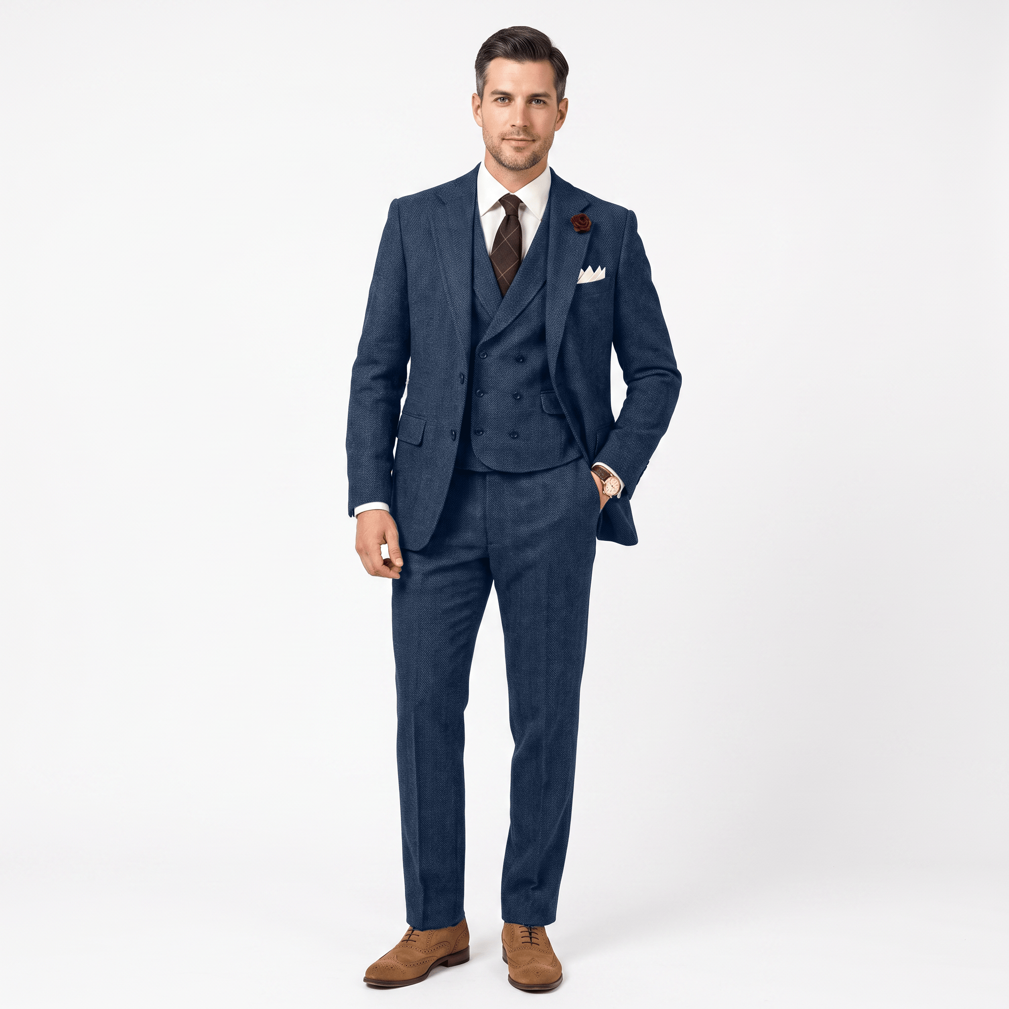 Aesido Aesido 3 Pieces Double Breasted Herringbone Slim Fit Notch Lapel Men's Suit（Blazer+Vest+Pants）