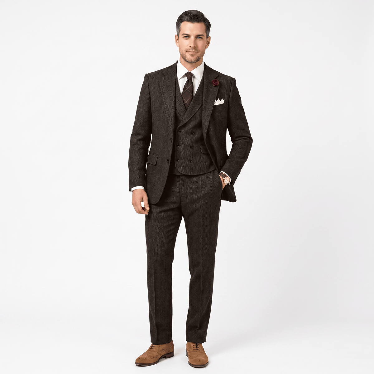 Aesido Aesido 3 Pieces Double Breasted Herringbone Slim Fit Notch Lapel Men's Suit（Blazer+Vest+Pants）