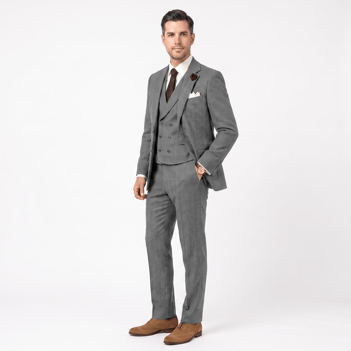 Aesido Aesido 3 Pieces Double Breasted Herringbone Slim Fit Notch Lapel Men's Suit（Blazer+Vest+Pants）