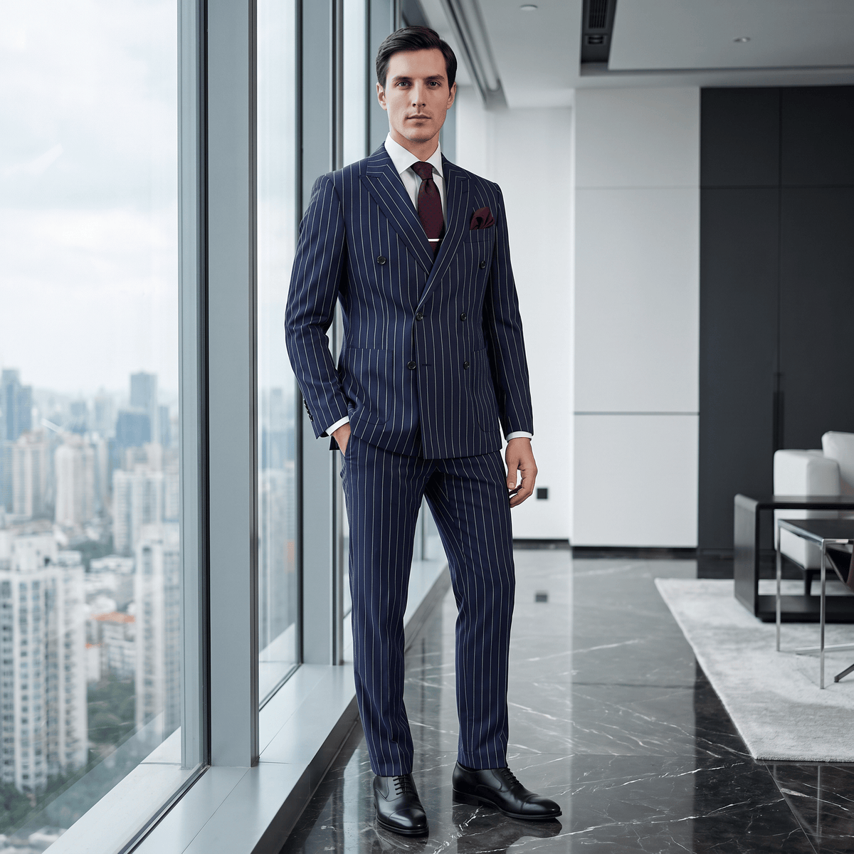 aesido Aesido Business 2 Pieces Men's Suit Navy Striped Double-Breasted Peak Lapel Tuxedos (Blazer+Pants)