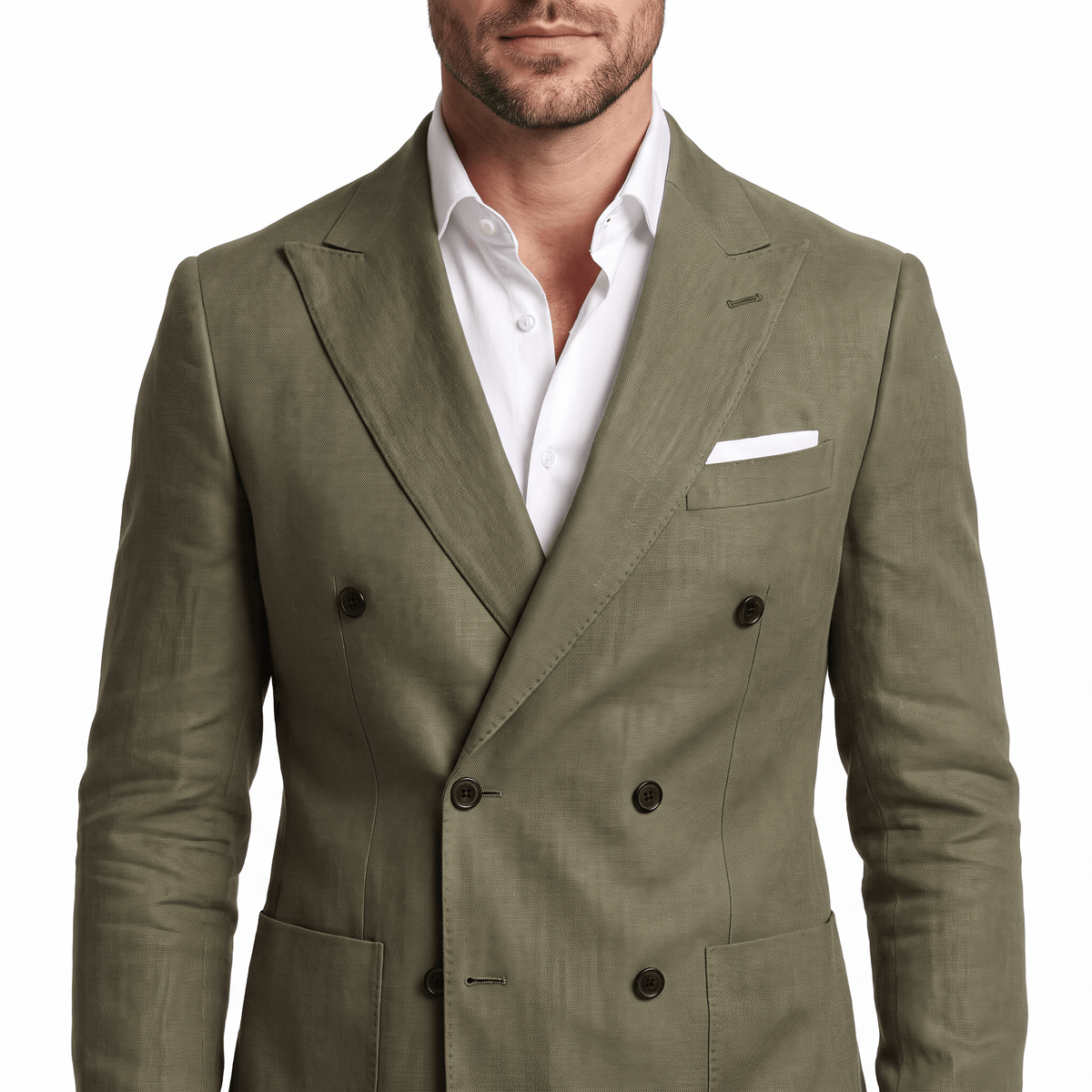 Aesido Aesido Business Casual 2 Pieces Olive Green Linen Peak Lapel Men's Suits (Blazer+Pants)
