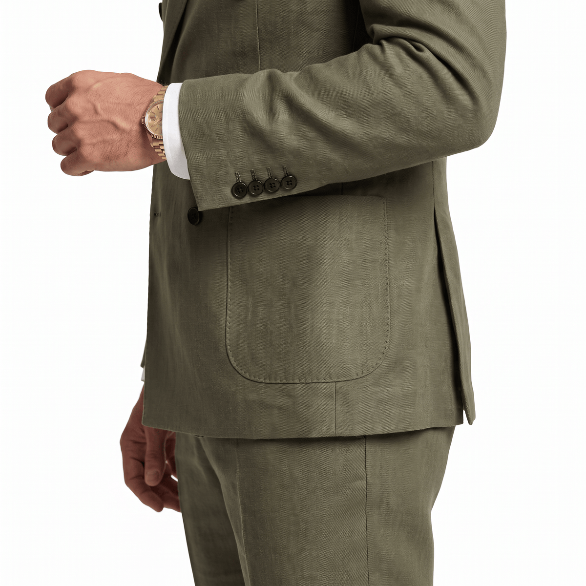 Aesido Aesido Business Casual 2 Pieces Olive Green Linen Peak Lapel Men's Suits (Blazer+Pants)