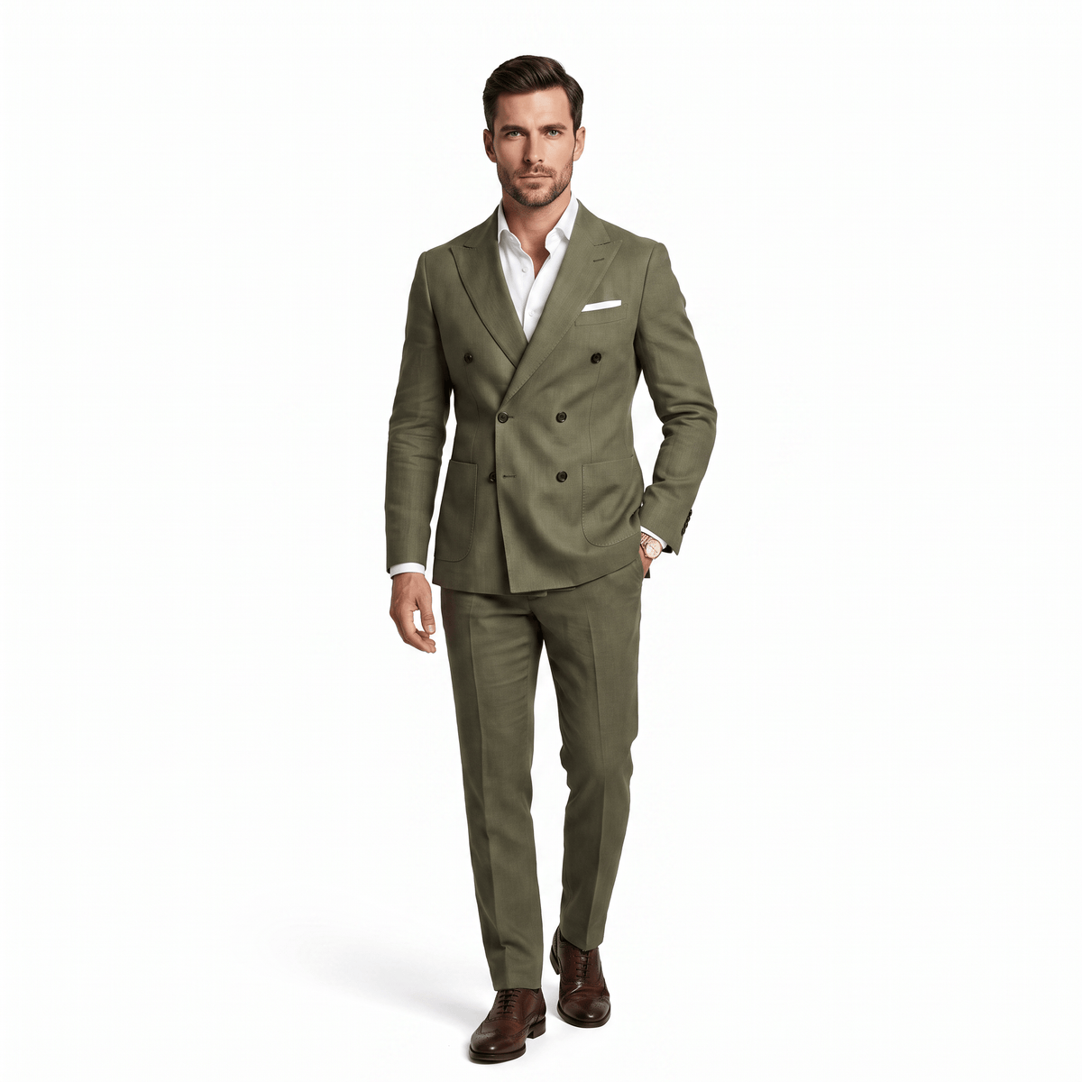 Aesido Aesido Business Casual 2 Pieces Olive Green Linen Peak Lapel Men's Suits (Blazer+Pants)