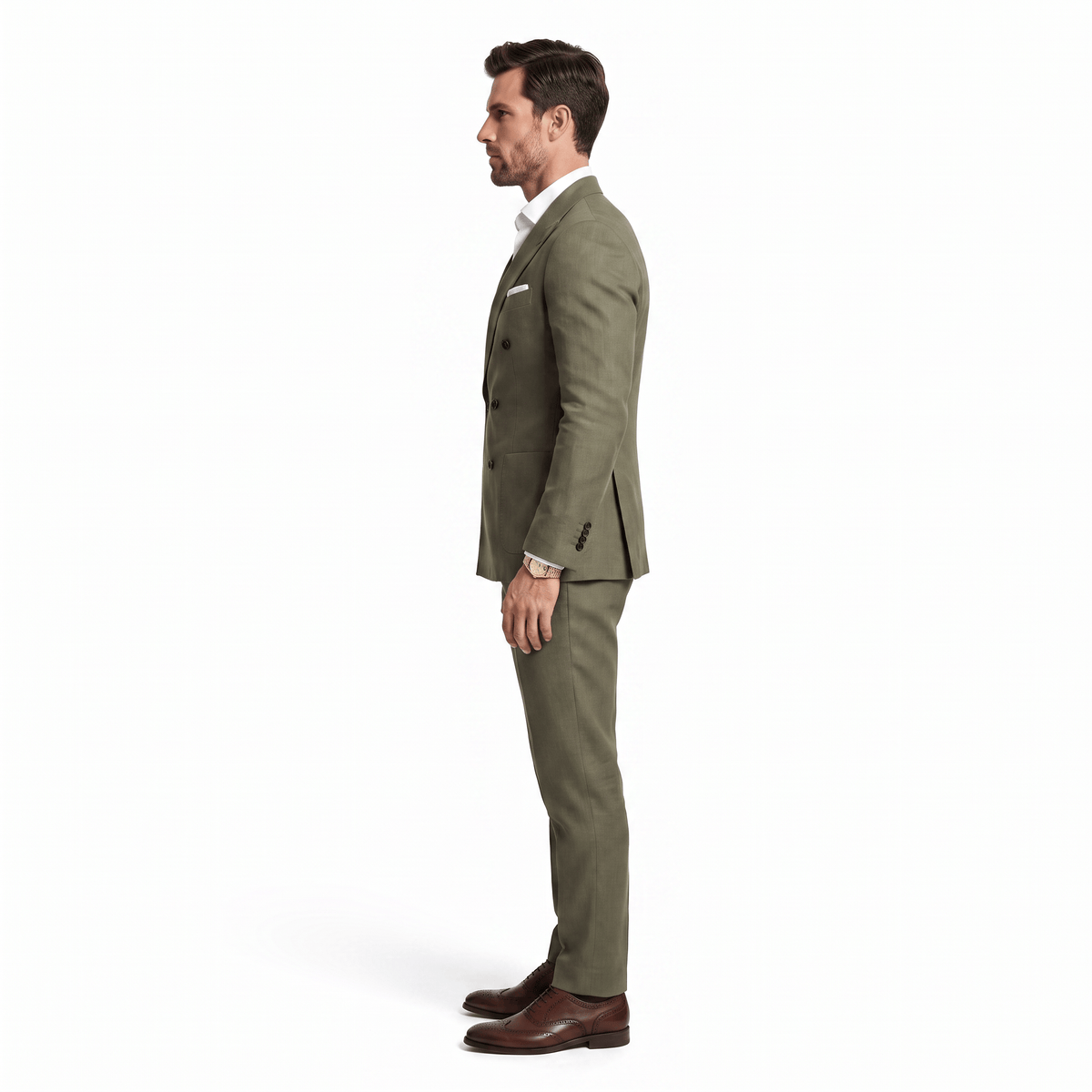 Aesido Aesido Business Casual 2 Pieces Olive Green Linen Peak Lapel Men's Suits (Blazer+Pants)