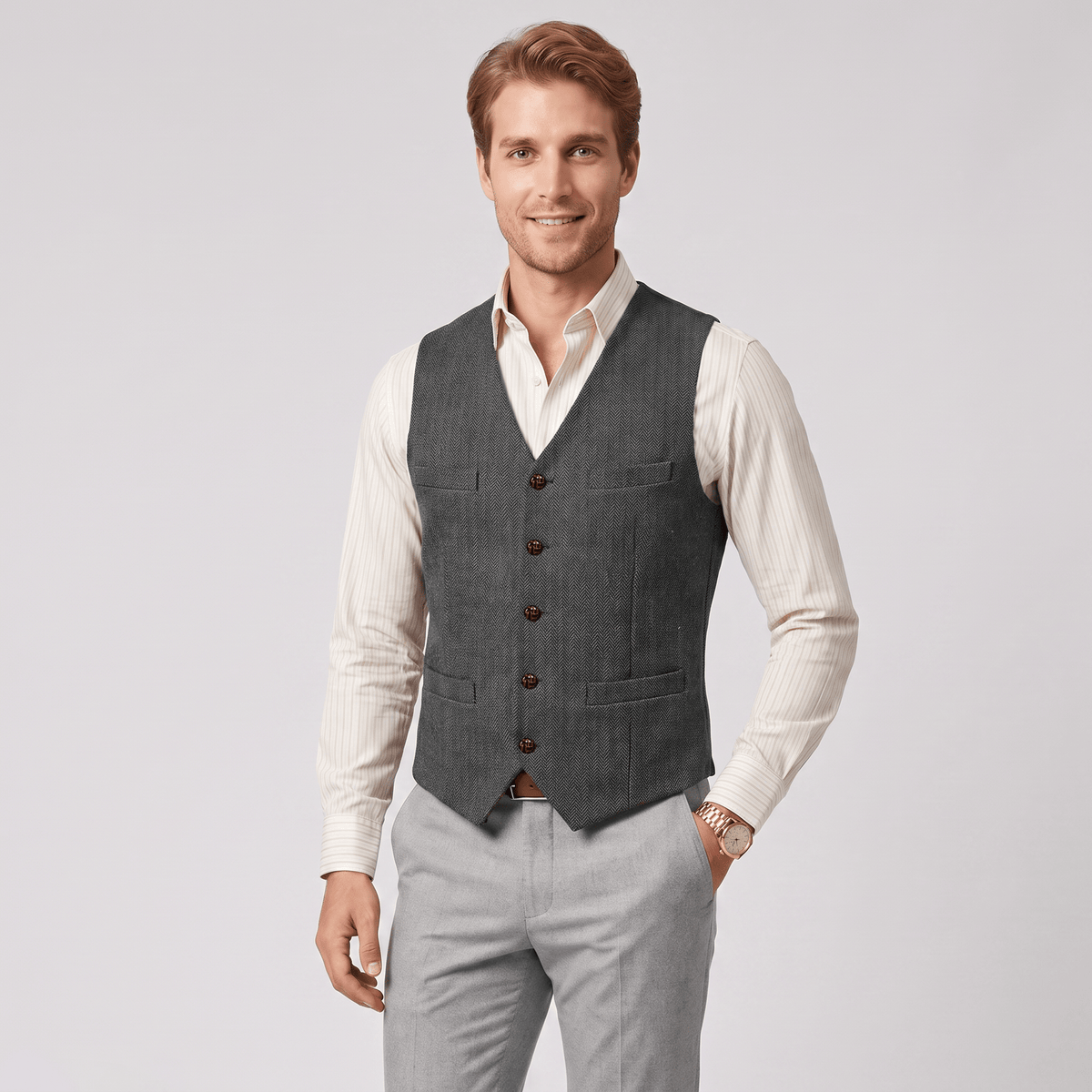 aesido Aesido Casual Single Breasted V Neck Herringbone Men's Vest