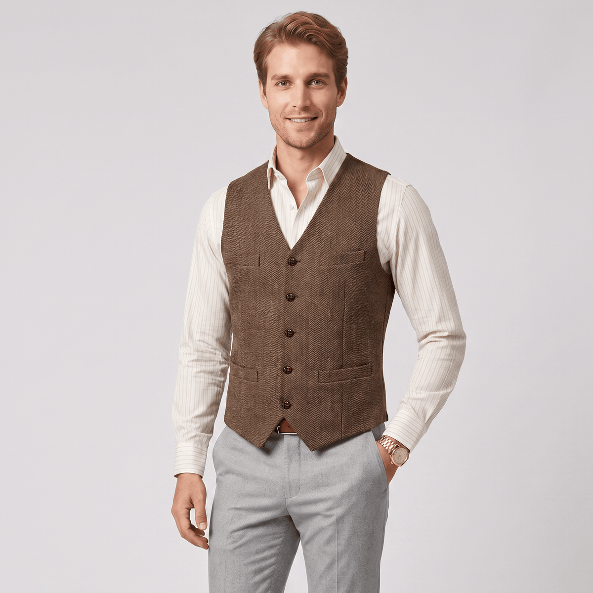 aesido Aesido Casual Single Breasted V Neck Herringbone Men's Vest