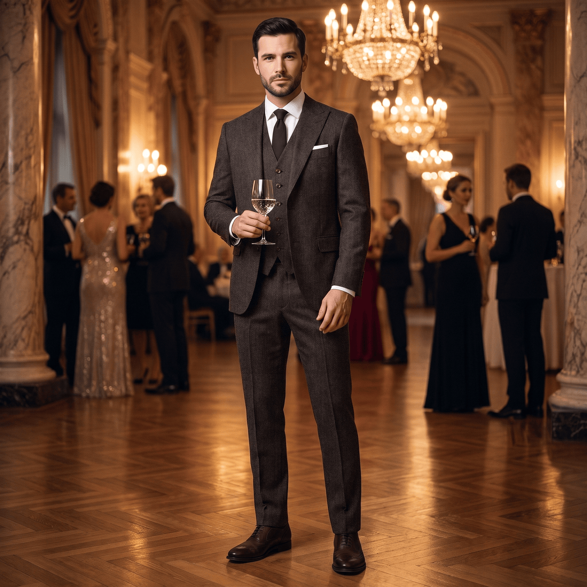 Aesido Aesido Classic 3 Pieces Men's Suit Herringbone Peak Lapel Suit(Blazer+vest+Pants)