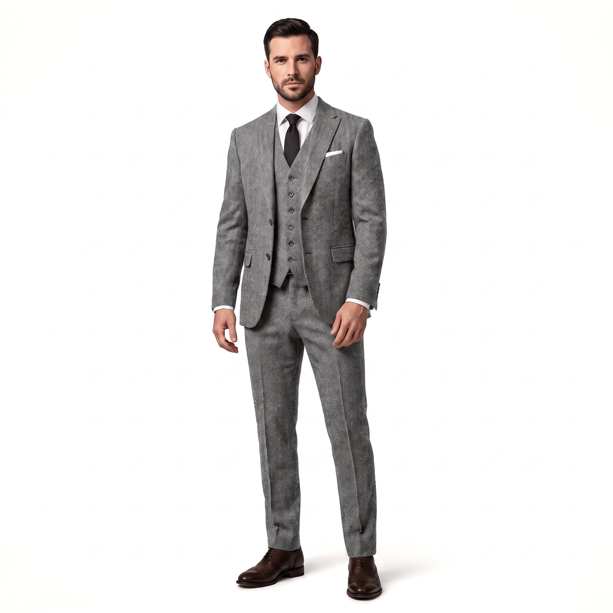 Aesido Aesido Classic 3 Pieces Men's Suit Herringbone Peak Lapel Suit(Blazer+vest+Pants)